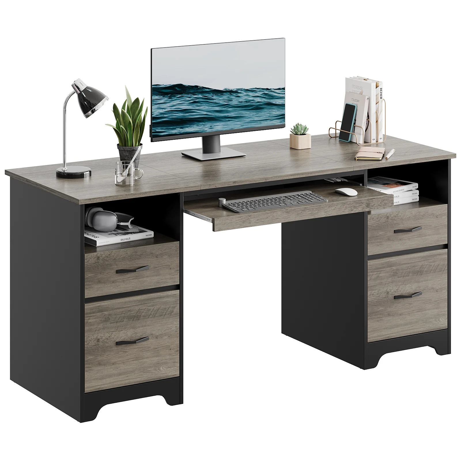 Bestier 59�� Computer Desk with 4 Drawers, Office Executive Desk with File Drawer, Keyboard Tray for Home Office, Gray