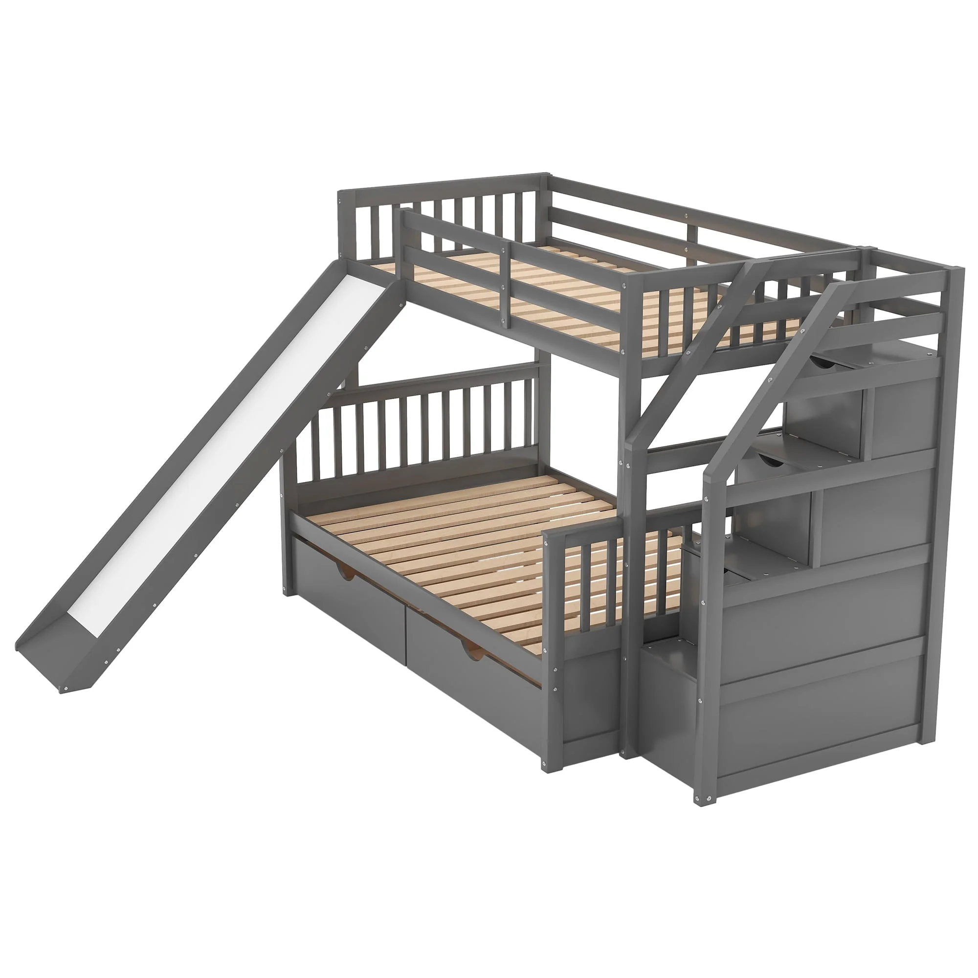Euroco Wood Twin Over Full Bunk Bed with Drawers and Slide, Gray