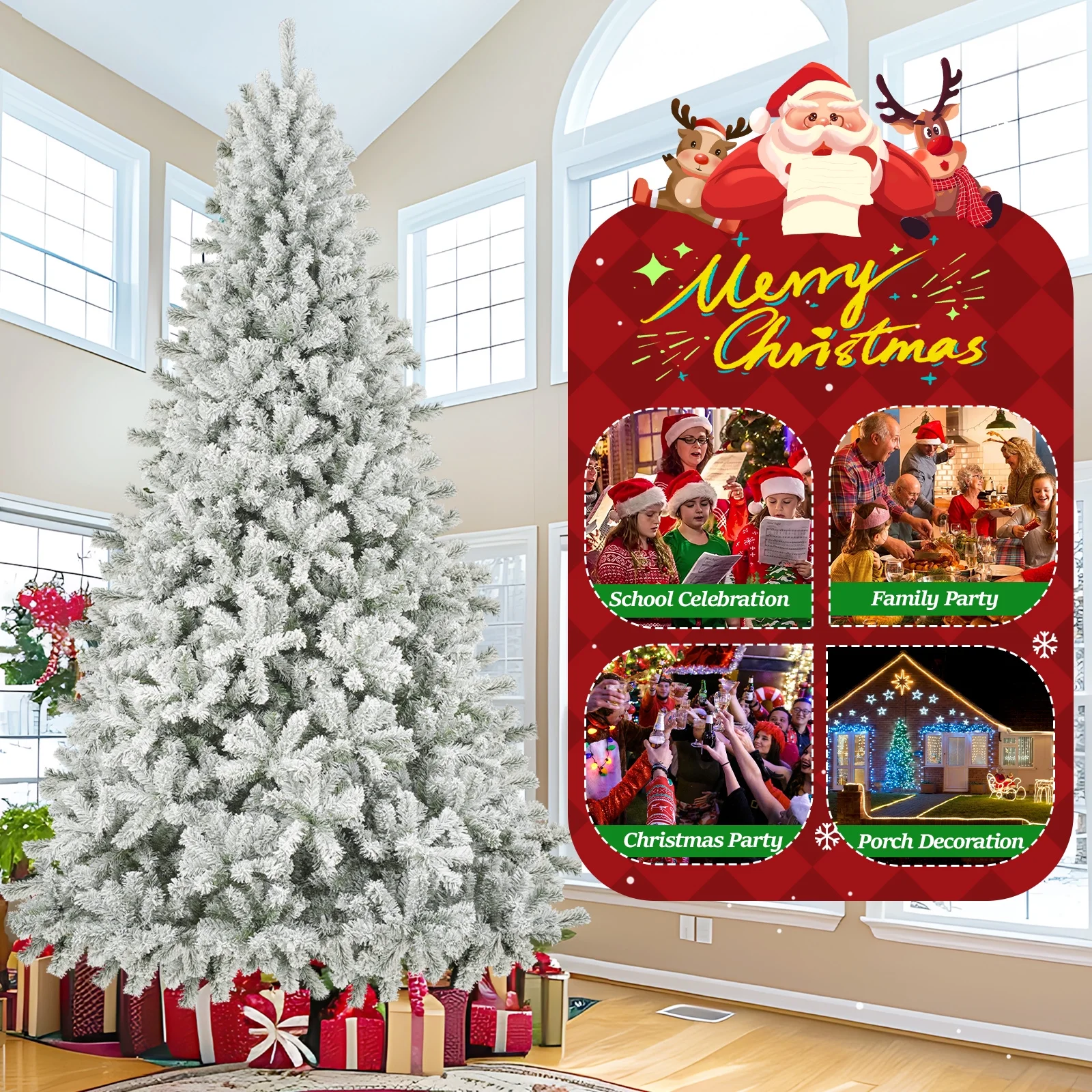 Qunler 9ft Snow Flocked Christmas Tree with 2028 Tips, Artificial Snowy Xmas Pine Tree with Reinforced Metal Base for Home Office Party Holiday Decorations ,White(NO Light)