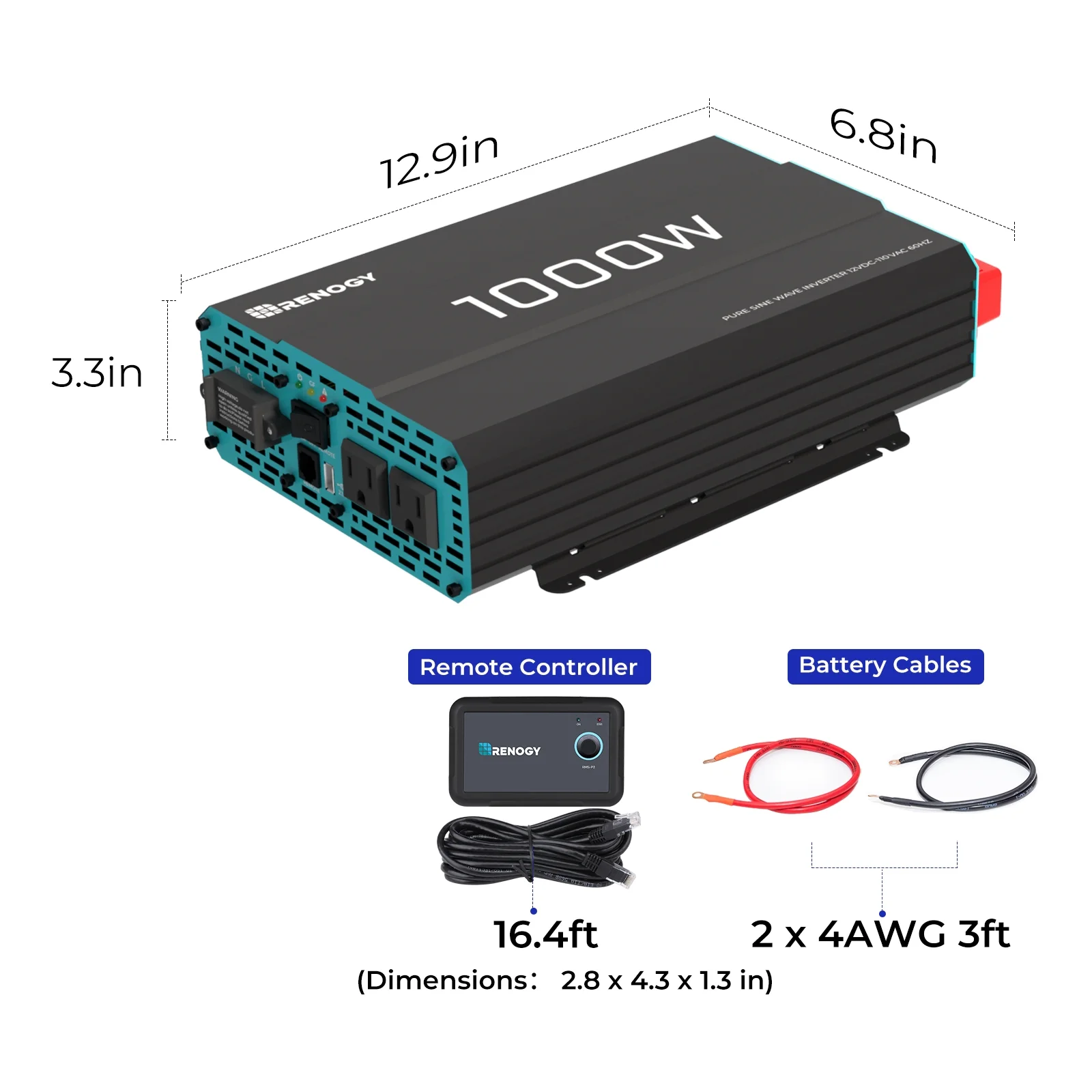 Renogy 2000W Pure Sine Wave Inverter, Power Inverter DC 12V to AC 120V, Built-in 5V/2.1A USB / Hardwire Port, Remote Controller