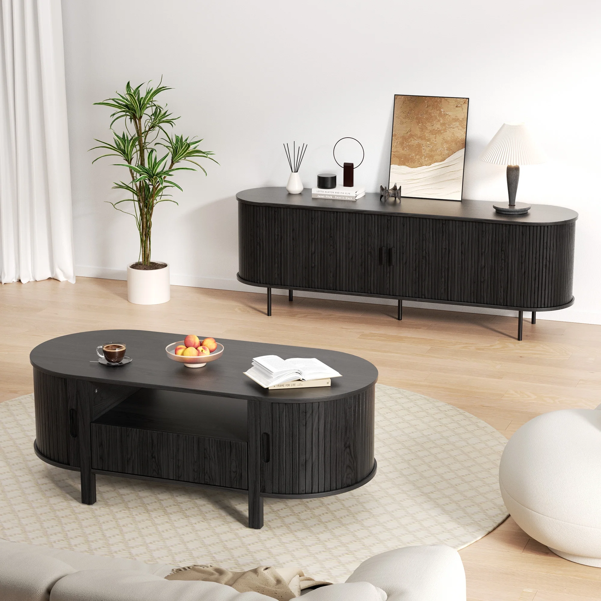 MARNUR Coffee Table with Storage, Tambour Sliding Door, Open Shelf, Mid Century Modern Center Table with Drawer for Living Room, Walnut