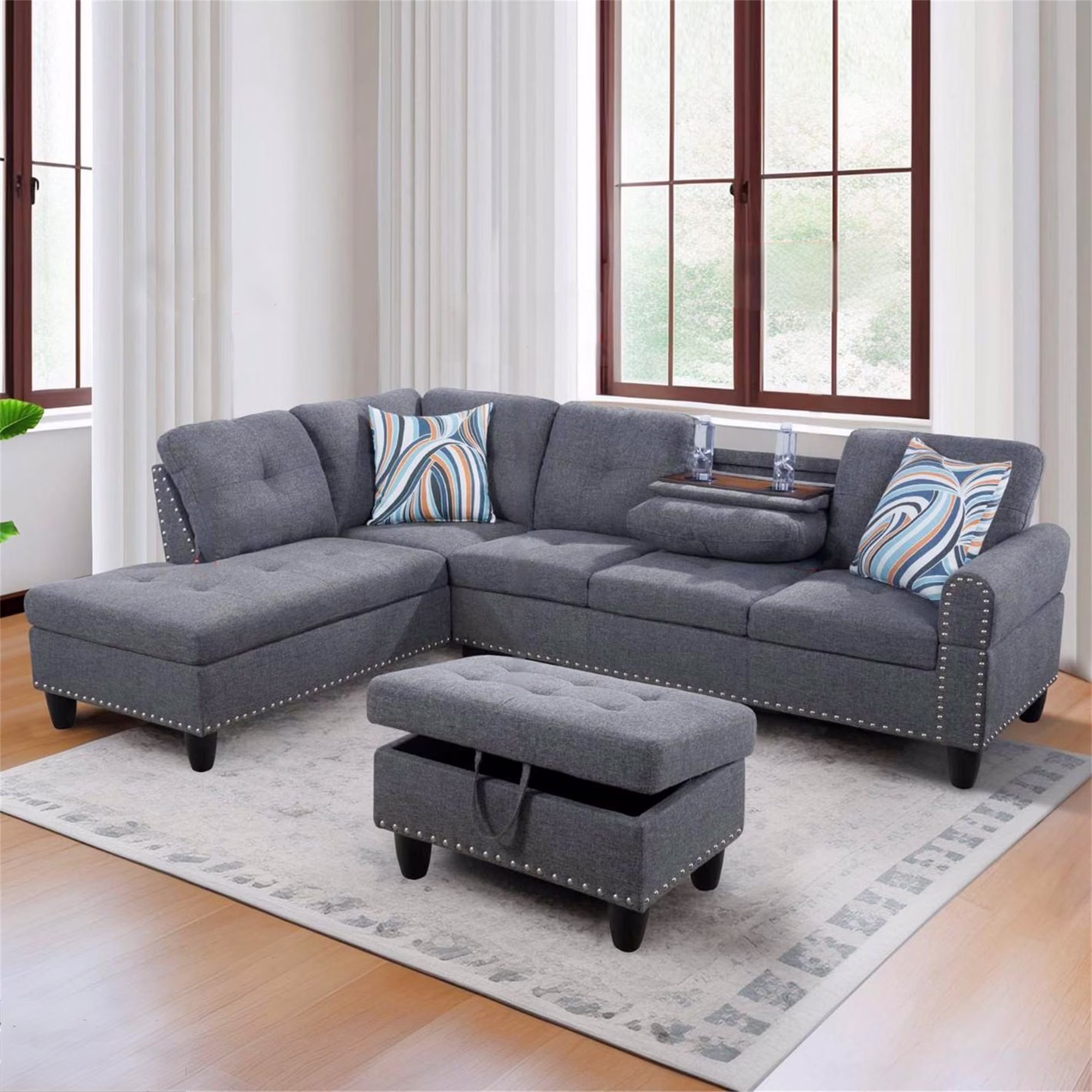 Aukfa 3 Piece Sectional Sofa, Living Room Couch with Storage Ottoman&Cup Holder, Linen, Left Hand, Black Gray