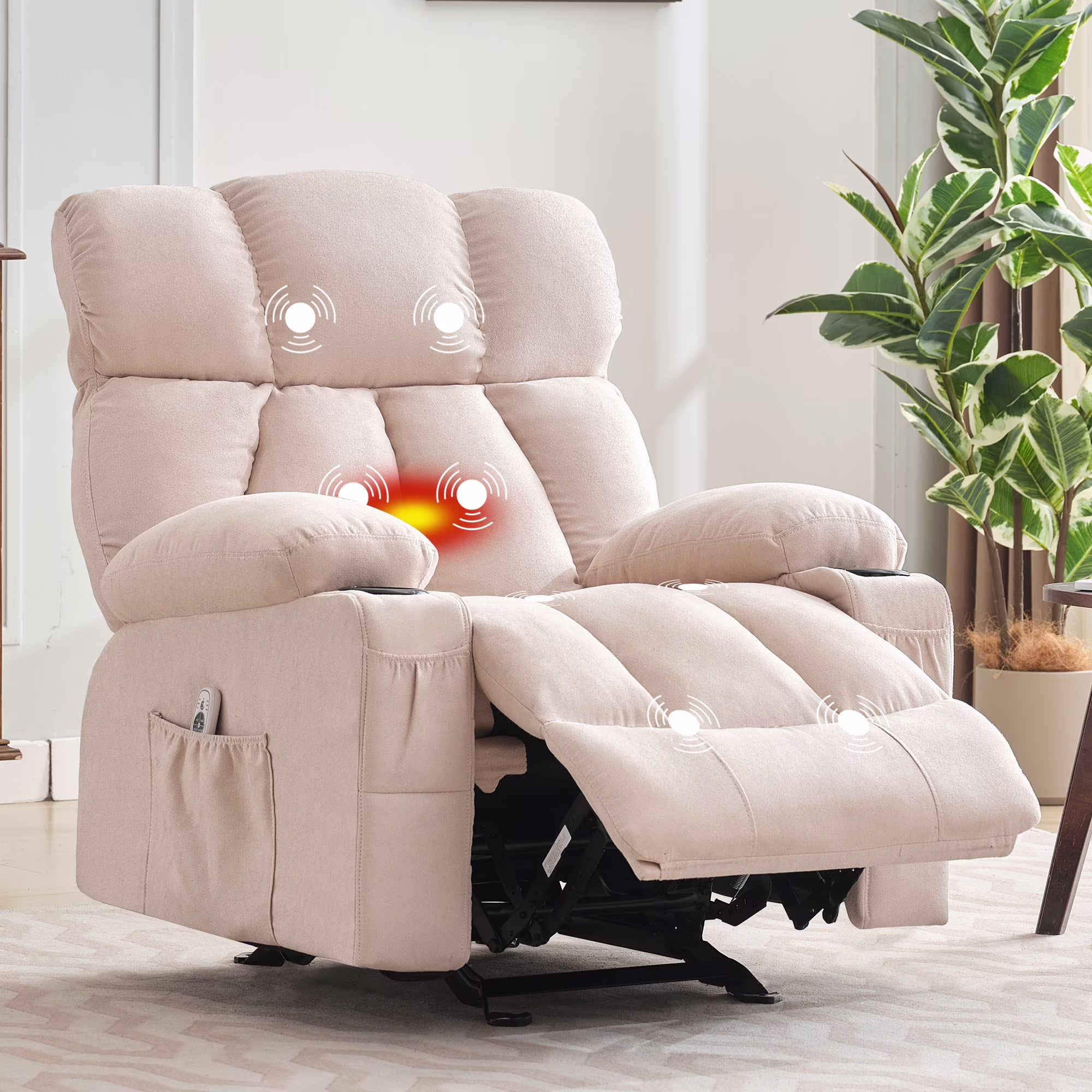 JONPONY Manual Recliner Chair with Heat Therapy and Massage Function, Heavy Duty Reclining Mechanism Massage Chair, Elderly Single Rocker Sofa with Cup Holders for Bedroom Home Theater,Grey