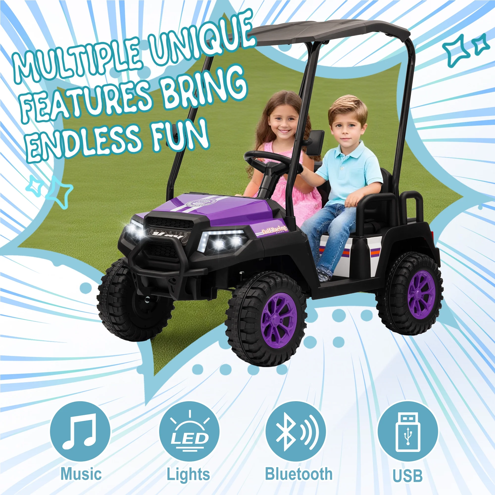 24V XL Kids Ride on Golf Cart, Electric Car w/Remote Control, Detachable Awning, 4 Seats, 3 Speeds, LED Lights, Spring Suspension, Bluetooth, Audio, Blue