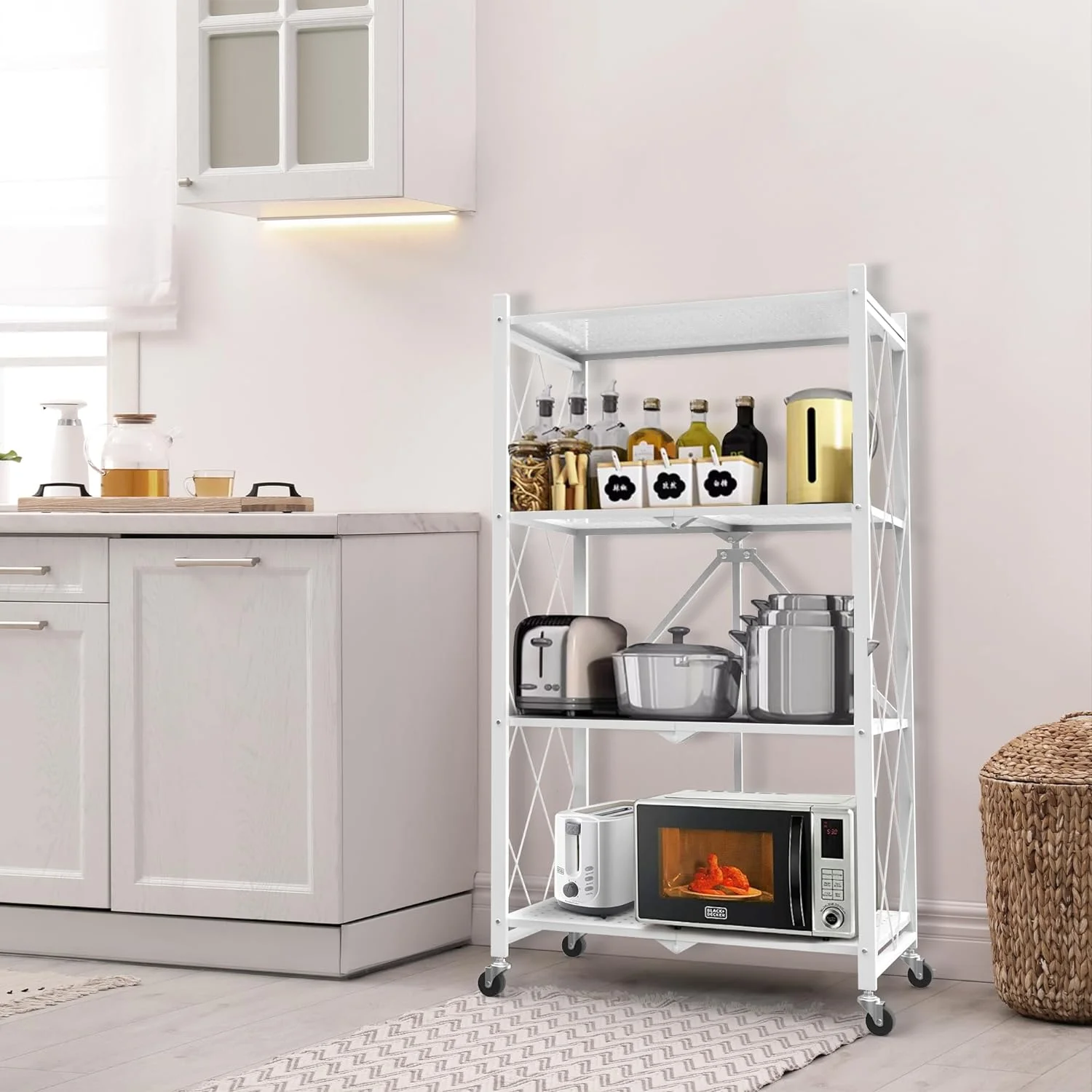 Foldable 4-Tier Storage Shelves with Wheels, No Assembly Bookshelf, Heavy Duty Kitchen Racks and Shelves, Rolling Microwave Cart, White