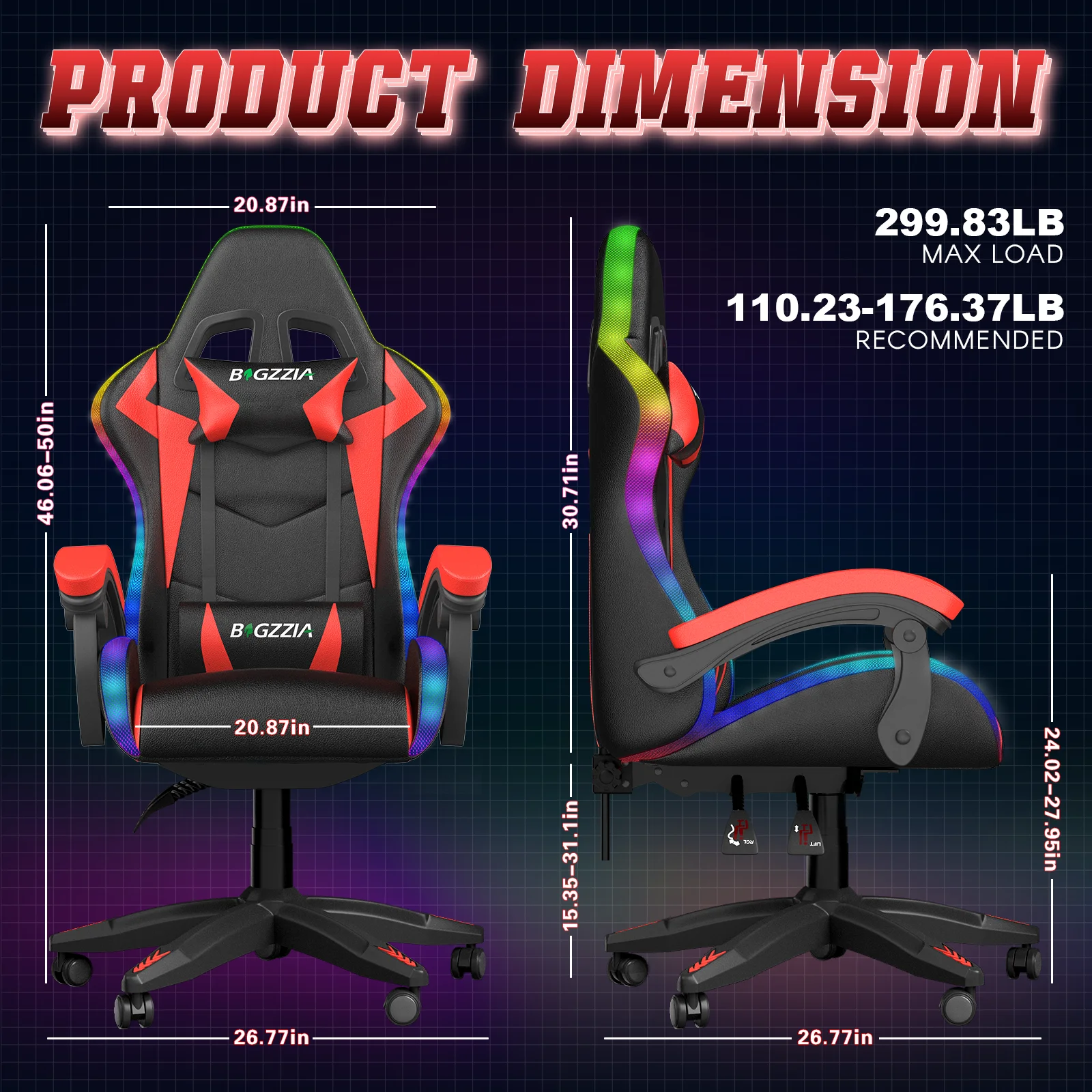 Bigzzia Gaming Chair with LED Lights Ergonomic Office Chair for Adults and Kids - Adjustable Height, 360�� Swivel, Headrest Support, Mesh PU Leather, Black & Green