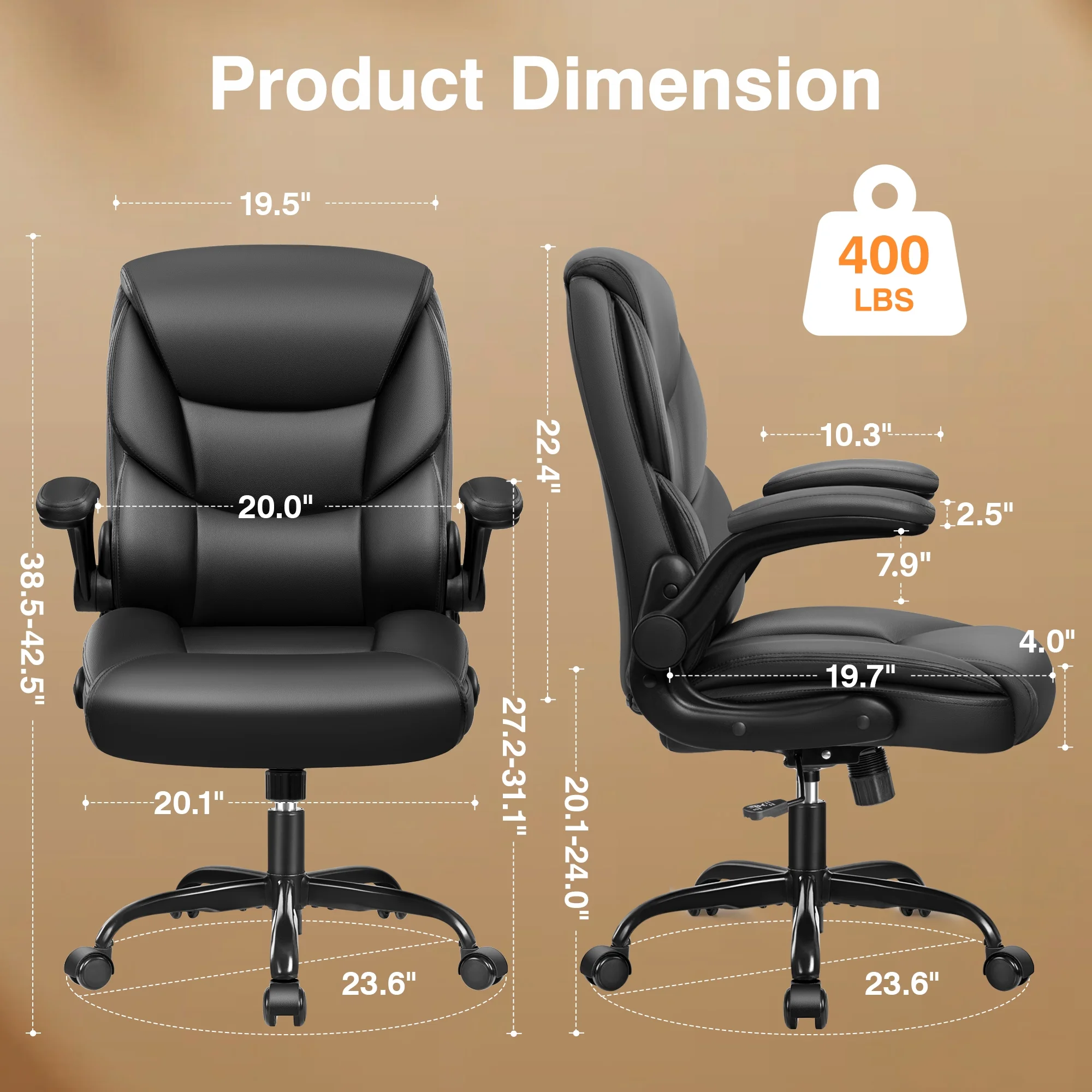 Primy Compact PU Leather Office Chair - Ergonomic Adjustable Height Computer Desk Chair with Flip-Up Armrests, Mid-Back Executive Swivel Chair on Wheels for Small Spaces & Petite Users, Black
