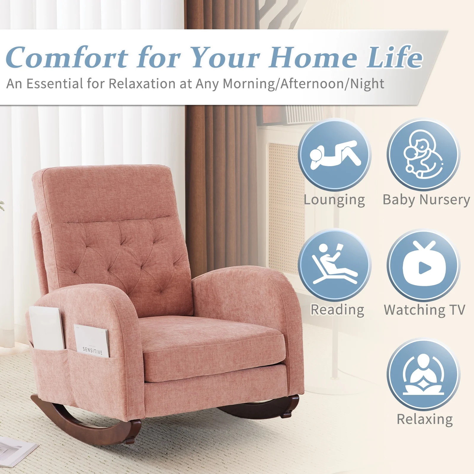 Ktaxon Rocking Accent Chair Glider Reading Chair Comfy Teddy Velvet Upholstered Single Sofa Rocker for Living Room, Nursery, Bedroom Beige