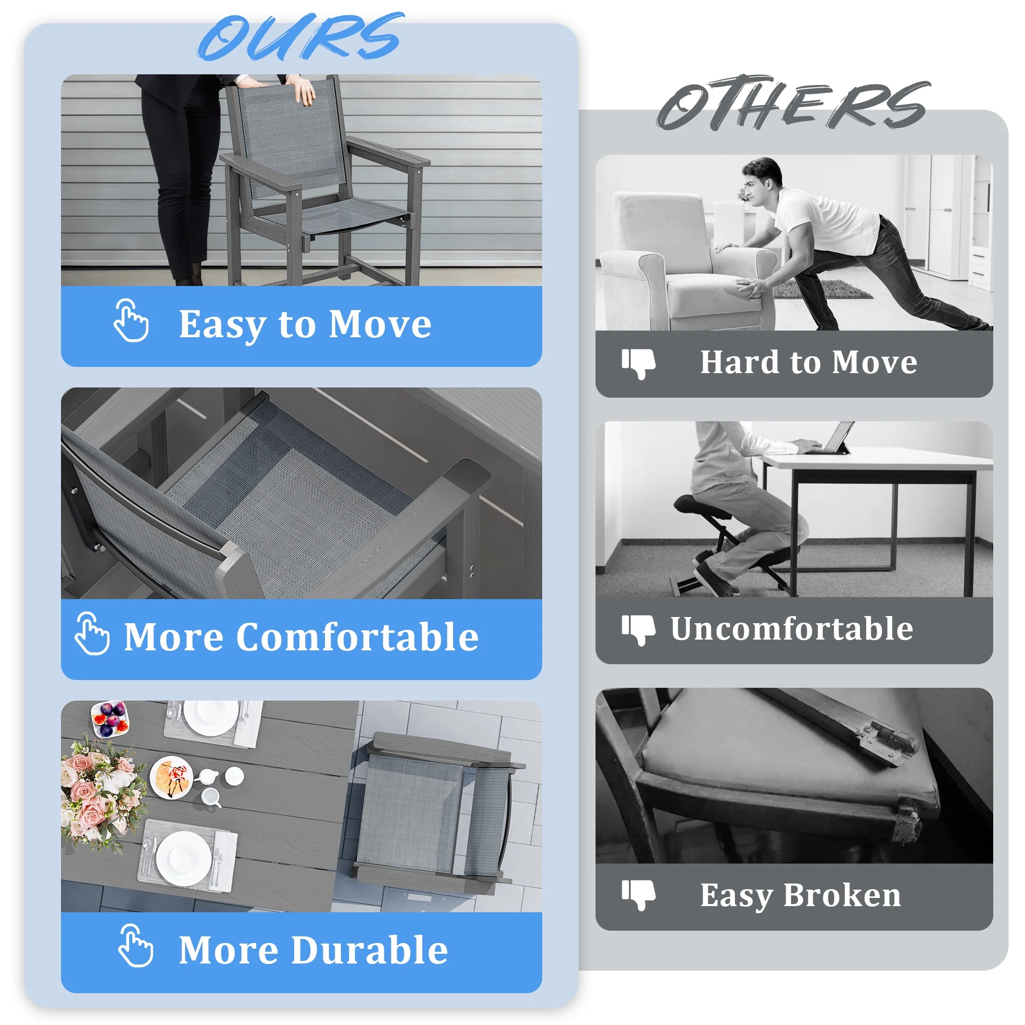 SERWALL Outdoor HDPE Dining Table Set, 7-Piece Outdoor Dining Table Sets with Umbrella Hole, Grey