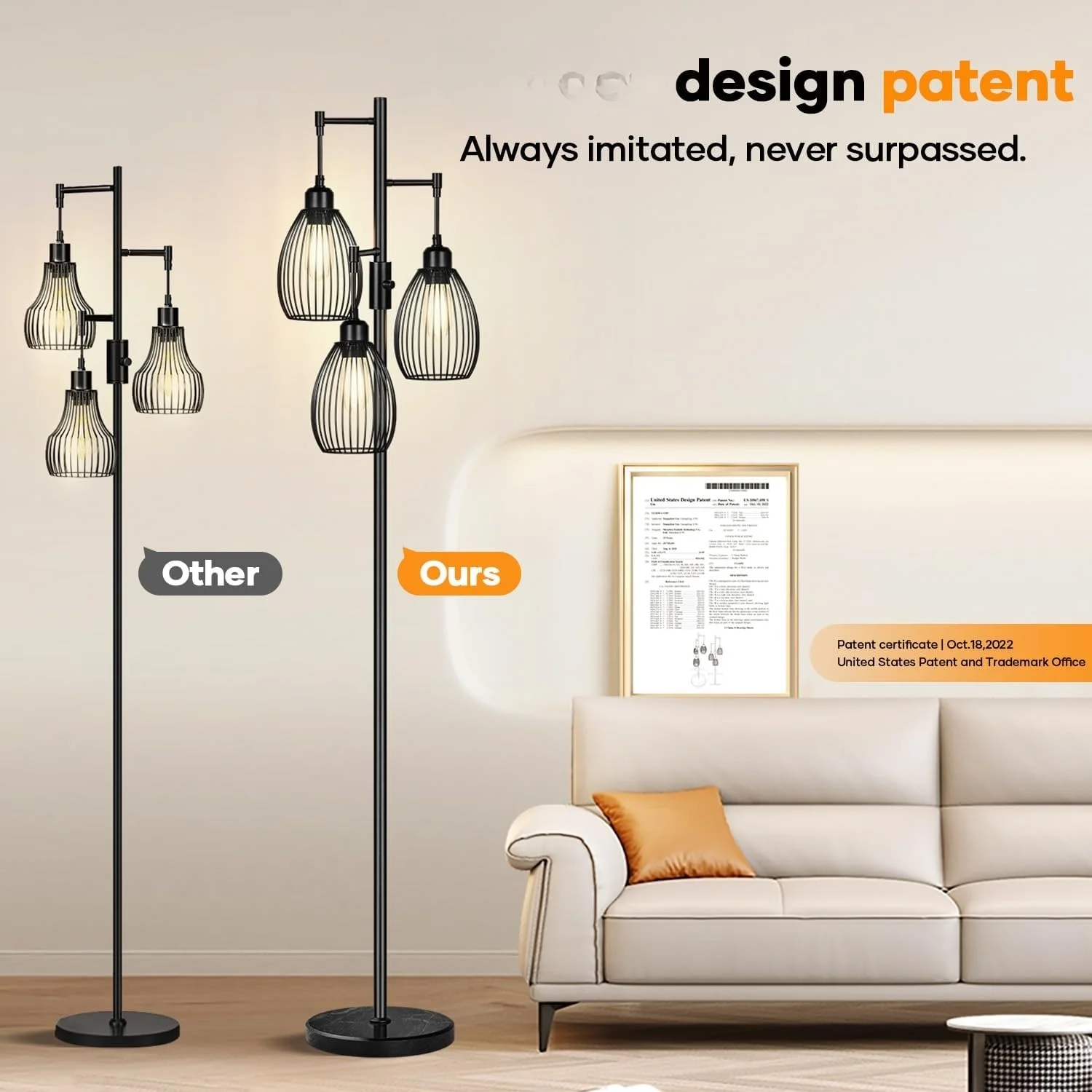 Dimmable Floor Lamp, 3 x 800LM LED Edison Bulbs Included, Farmhouse Industrial Floor Lamp Standing Tree Lamp with Elegant Teardrop Cage Tall Lamps for Living Room Bedroom Office Dining Room