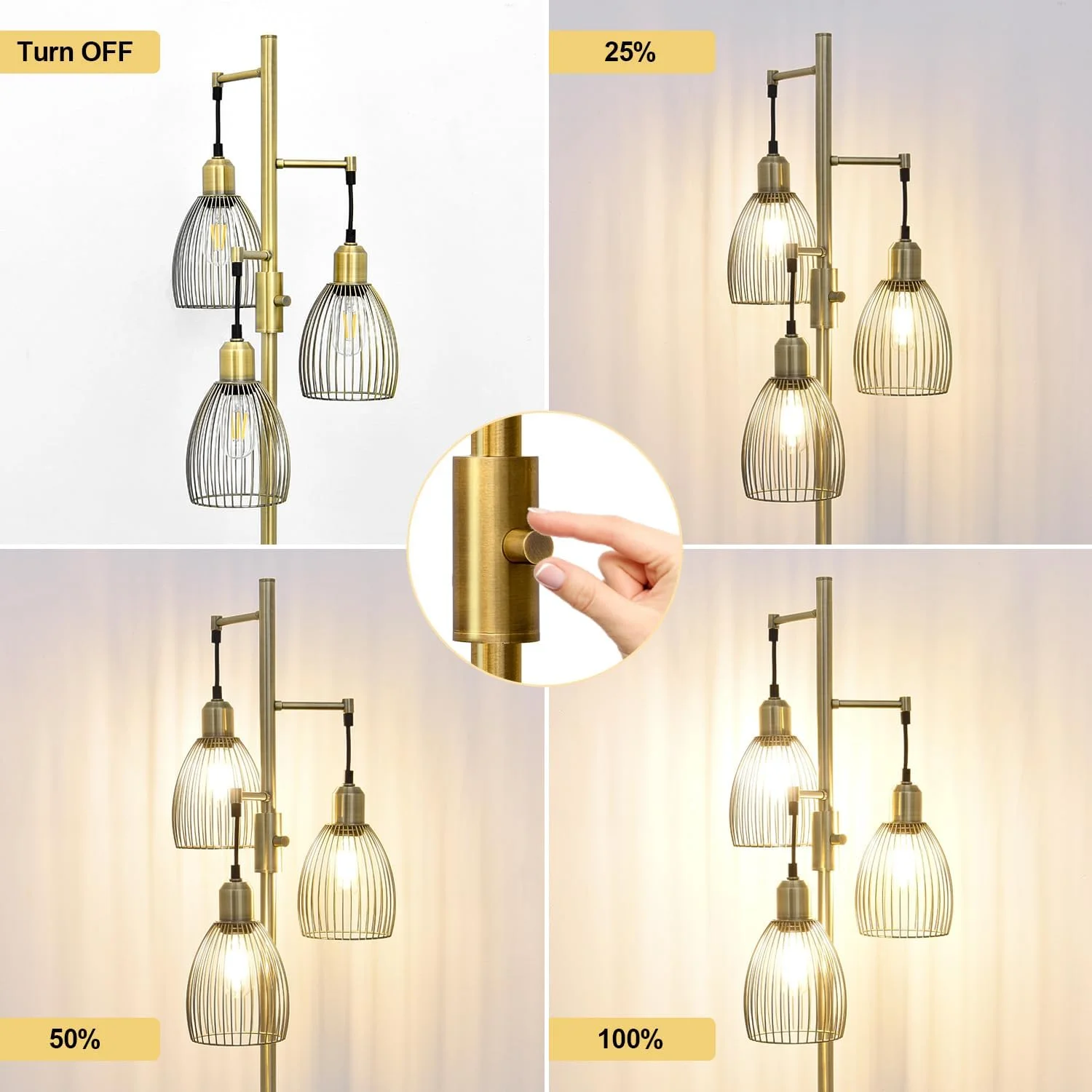 Dimmable Floor Lamp, 3 x 800LM LED Edison Bulbs Included, Farmhouse Industrial Floor Lamp Standing Tree Lamp with Elegant Teardrop Cage Tall Lamps for Living Room Bedroom Office Dining Room