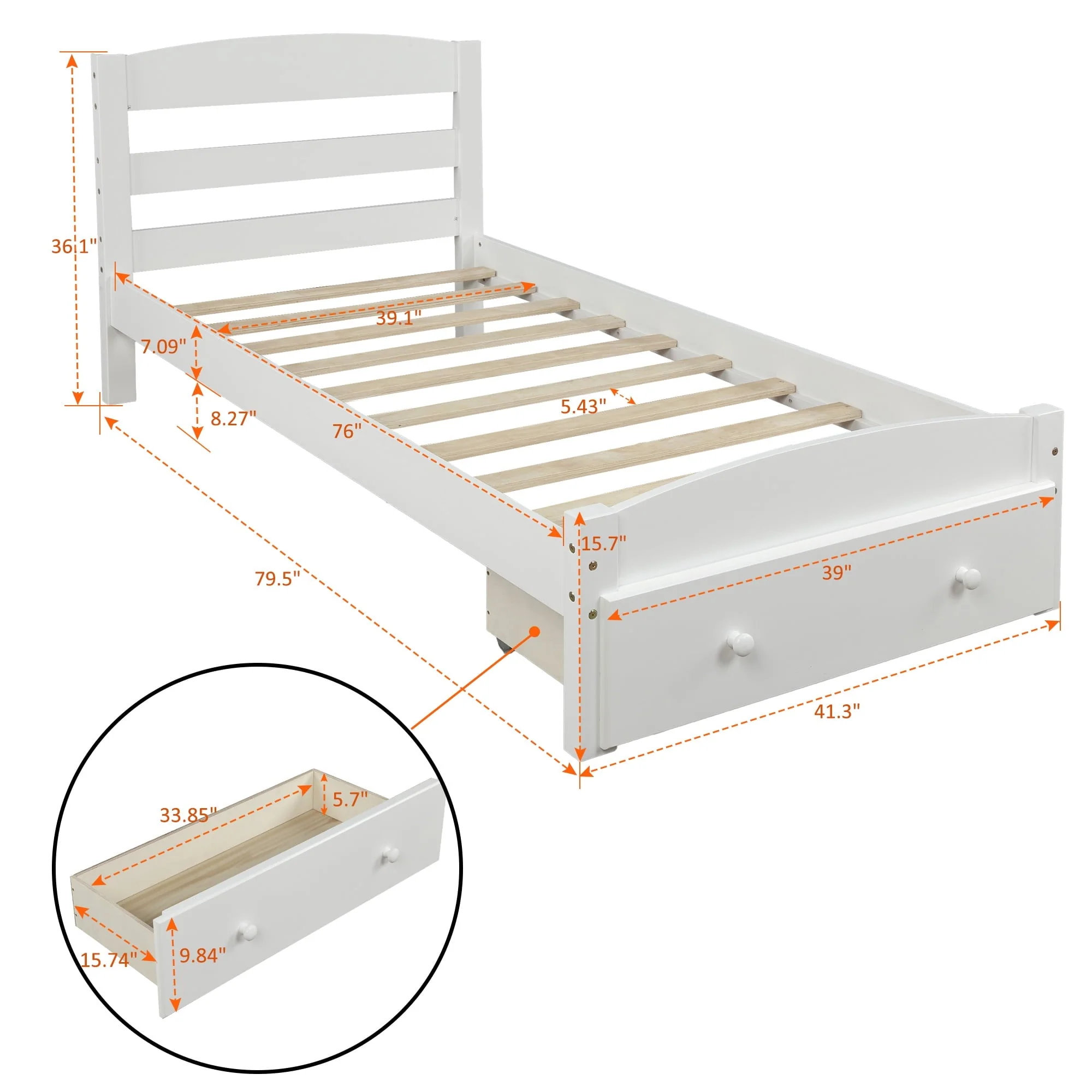 Twin Bed for Kids with Storage Drawer, Upgrade Pine Wood Bed Frame with Headboard and Footboard, Modern Kids Bed Furniture for Bedroom, Holds 275 lb, No Box Spring Needed, White