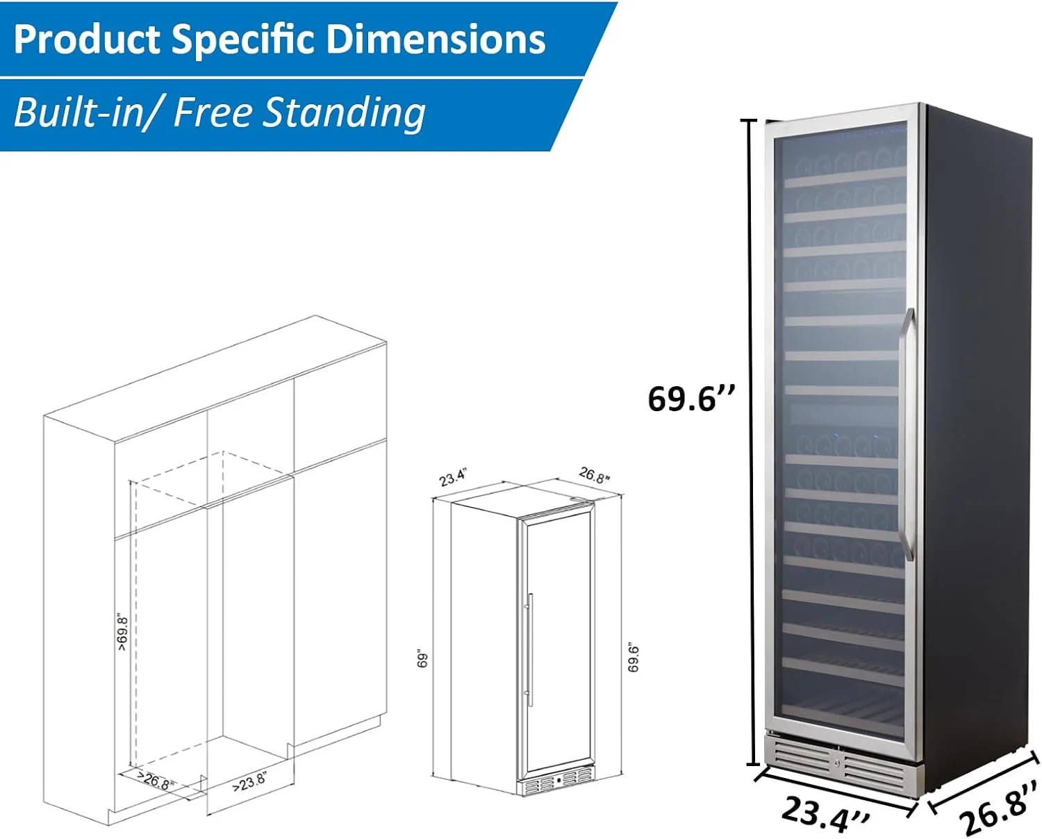 24 Inch Wine Fridge Dual Zone 160 Bottle, Tall Wine Cooler Refrigerator Built-in or Freestanding with Temperature Control System, Professional Compressor, Low Noise and Intelligent Temperature Memory