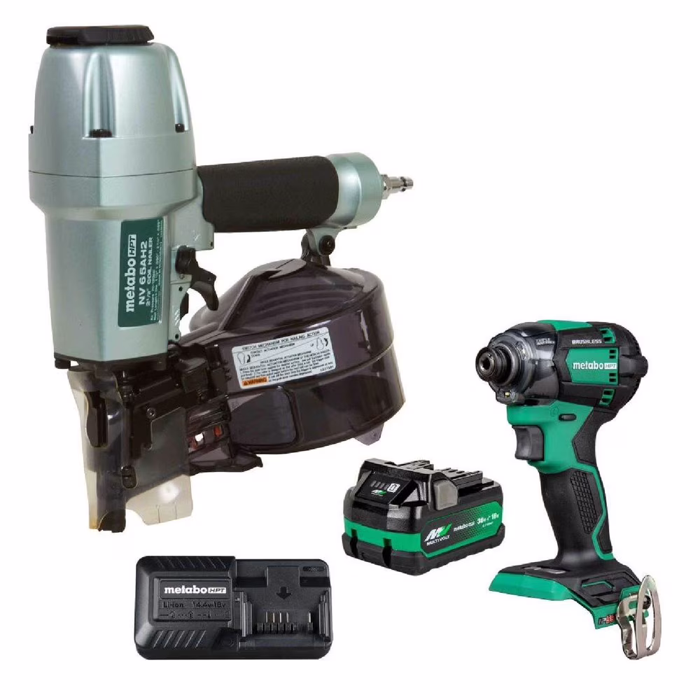 Metabo HPT KNV65AH2M Pneumatic Siding Nailer and 18V Impact Driver Pro Bundle Kit (5 Ah)