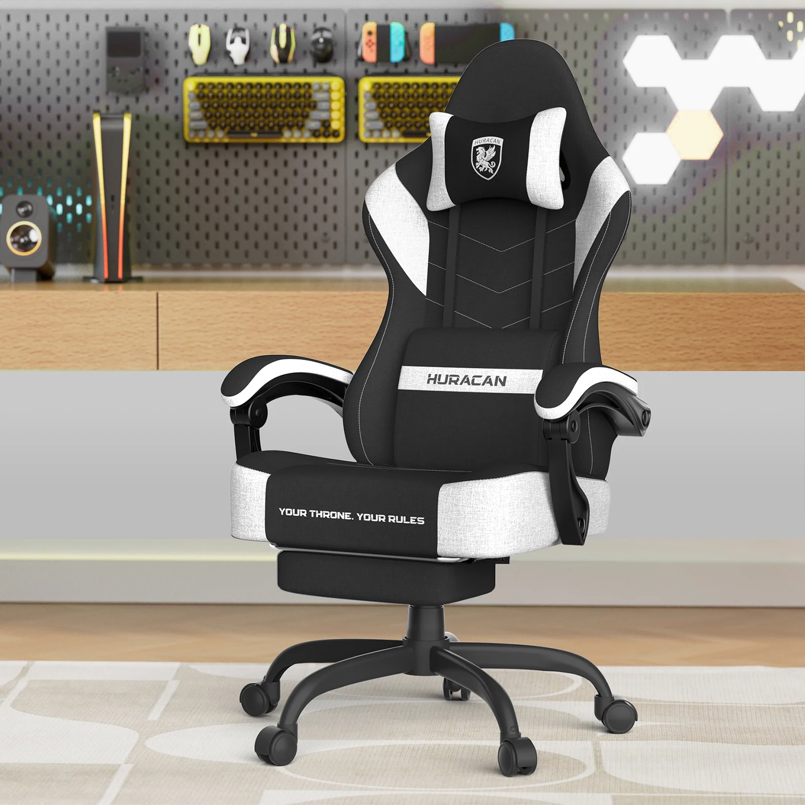 SOONTRANS Gaming Chair for Adults, Ergonomic Linen Fabric Computer Chair with Massage Lumbar Pillow, Gamer Game Chair with Adjustable Headrest, Comfortable Office Chair for Home, White