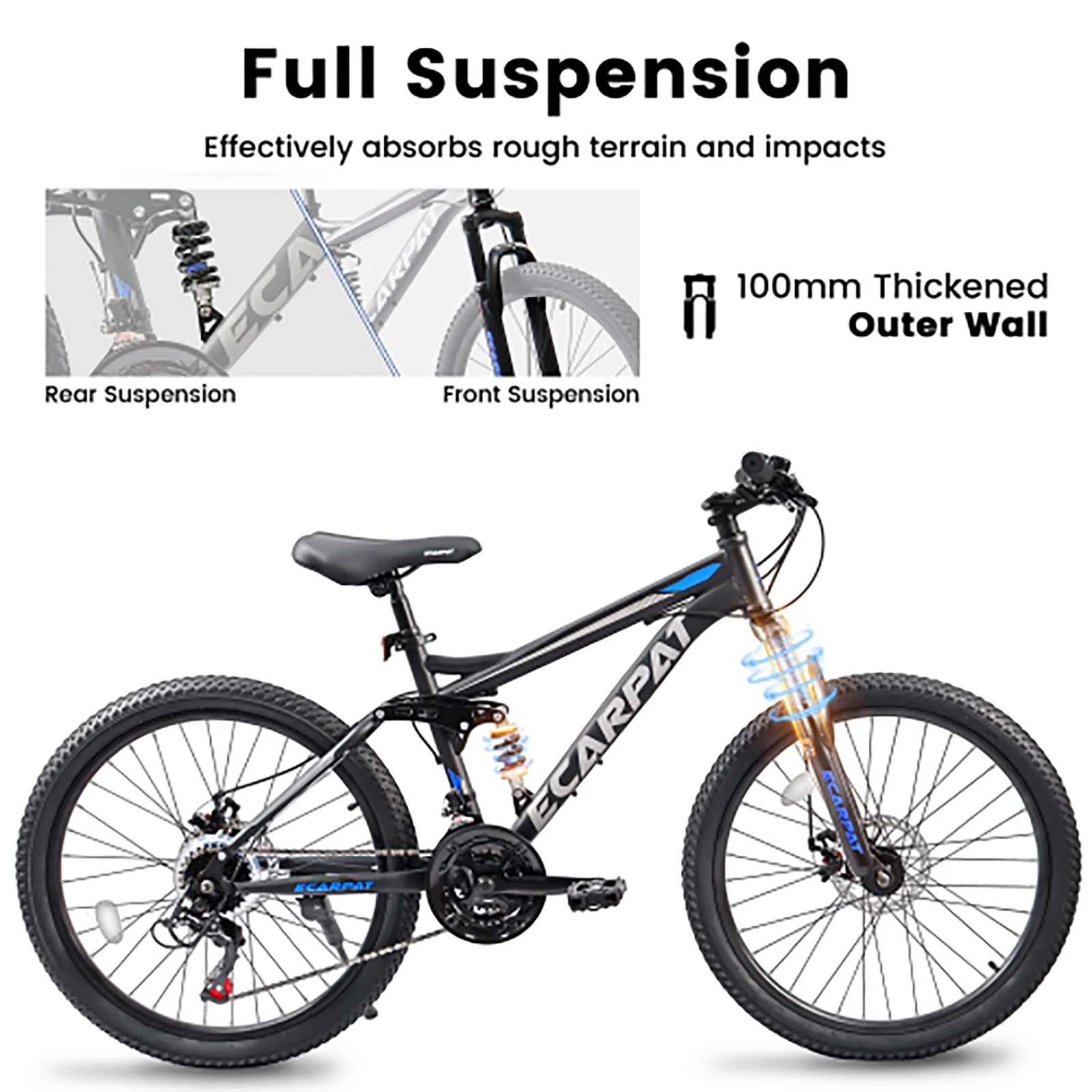 24 Inch Mountain Bike for Teenagers, High Carbon Steel Frame, Dual Full Suspension Mountain Bike, Mountain Tire, 21 Speed Mens Womens Outdoor Cycling, Birthday Gifts