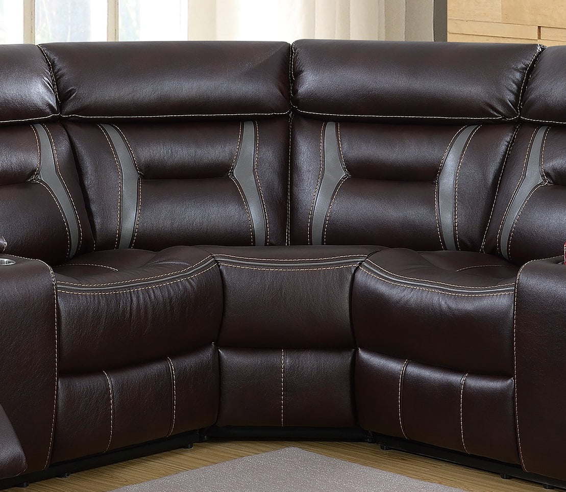Living Room 3pcs Reclining Motion Sectional Sofa Gel Leatherette Loveseat Console Corner Wedge Dark Brown Cushion Couch