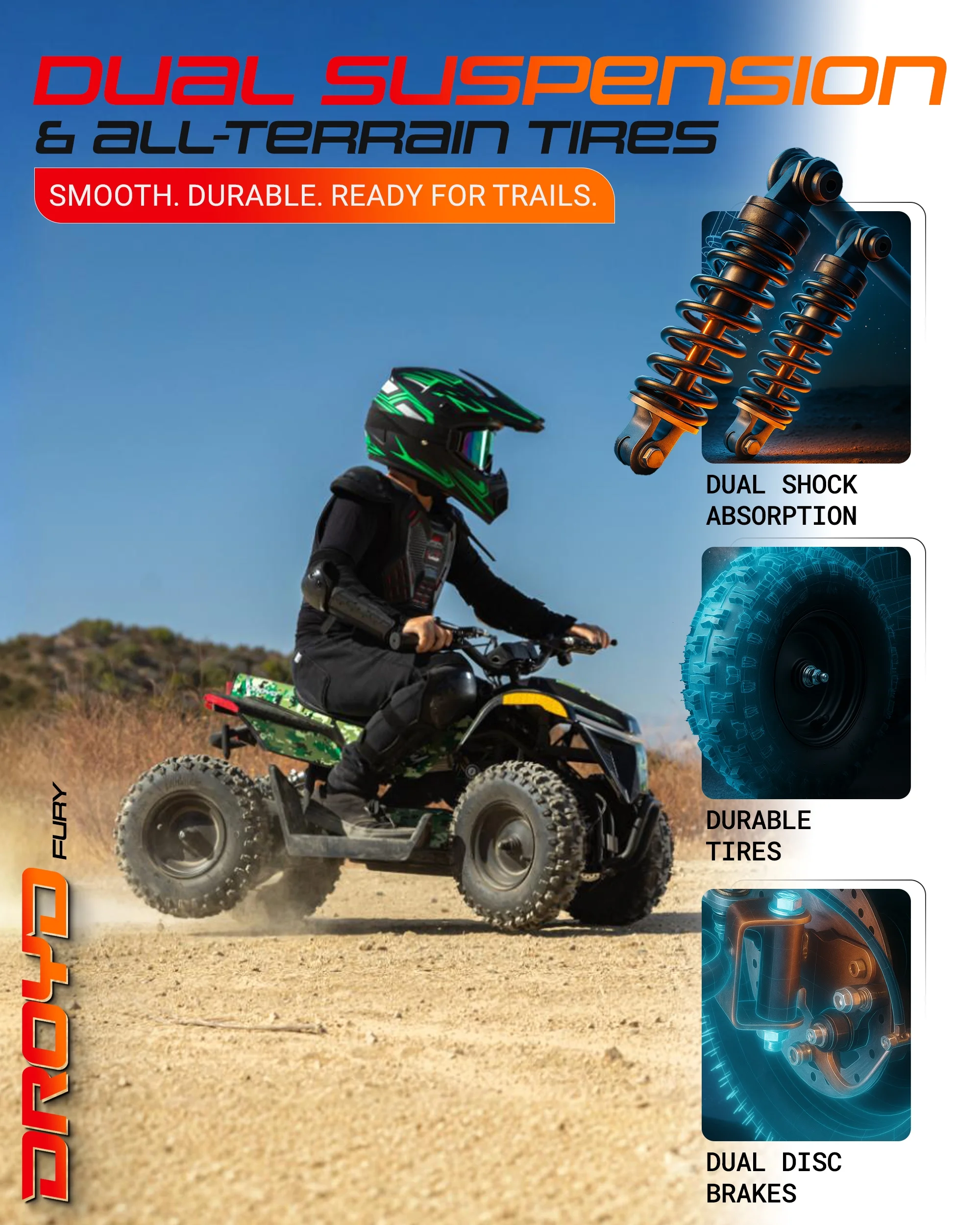 Droyd Fury Electric Youth ATV, 36V 500W Brushless Motor, Dual Suspension, Max Speed 15 mph, Offroad