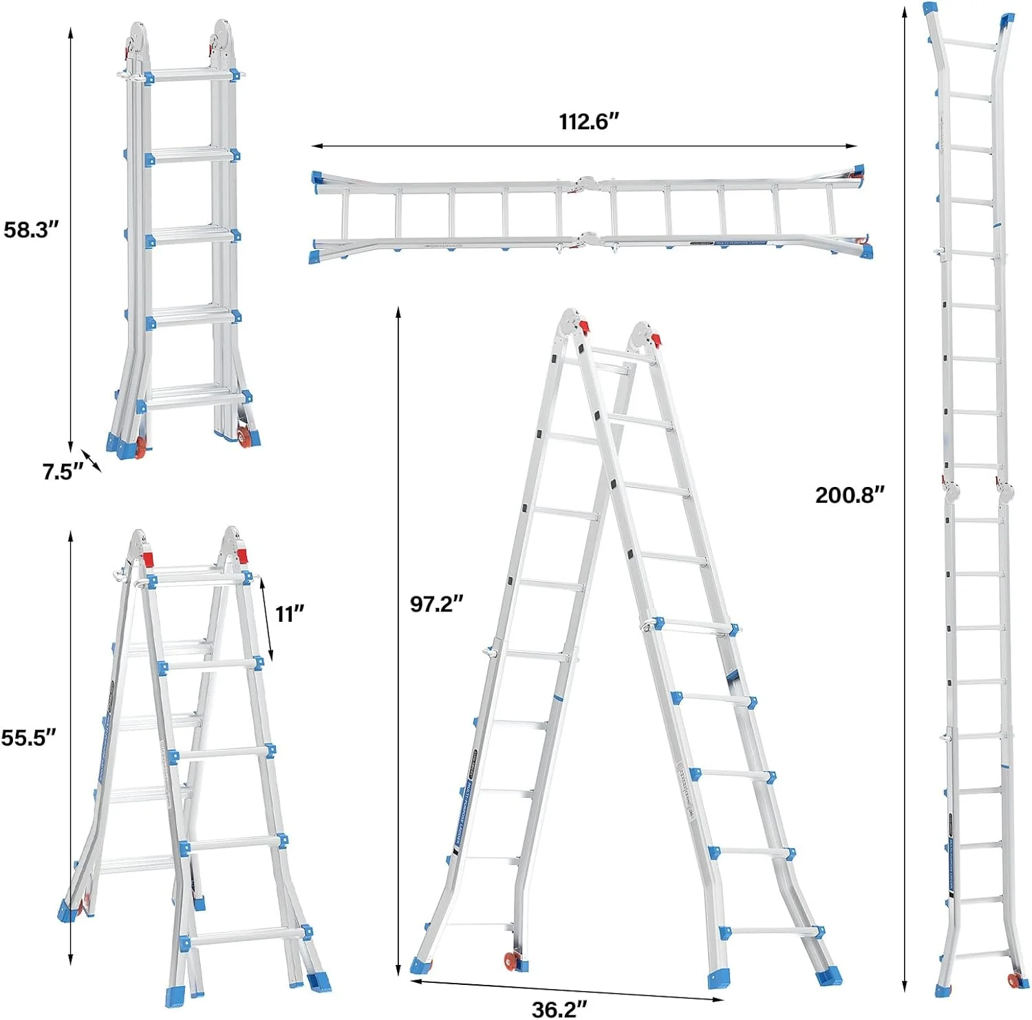 LUISLADDERS Ladder, A Frame 6 Step Ladder Telescoping Ladder, 22 Ft Reach Height Muti Position Folding Ladder Flared Leg & Wheels Design, 330 lbs Capacity Extension Ladder for Household Outdoor Work