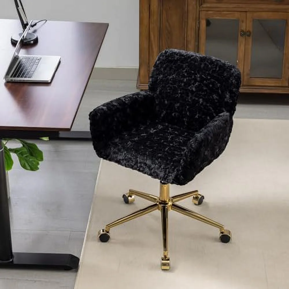 Fluffy Desk Chair,Height Adjustable Vanity Chair with Wheels,Comfortable Faux Fur Desk Chair with goldenn Base, Arm Chair for Bedroom,Living Room,Vanity,Office