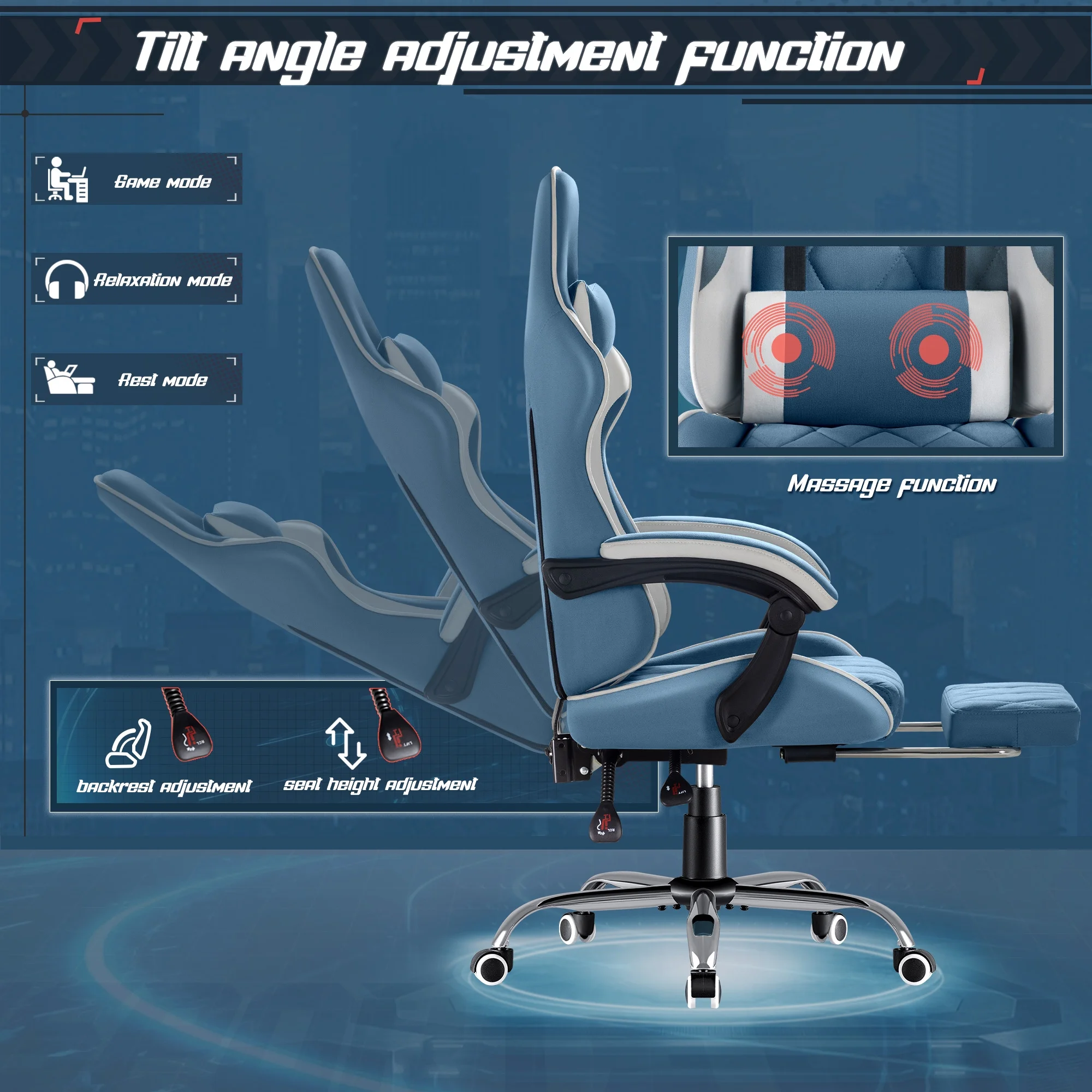 Homall Gaming Chair Fabric Computer Chair Massage Game Chair Cloth Office Chair with Headrest, Lumbar Support & Footrest,Gray