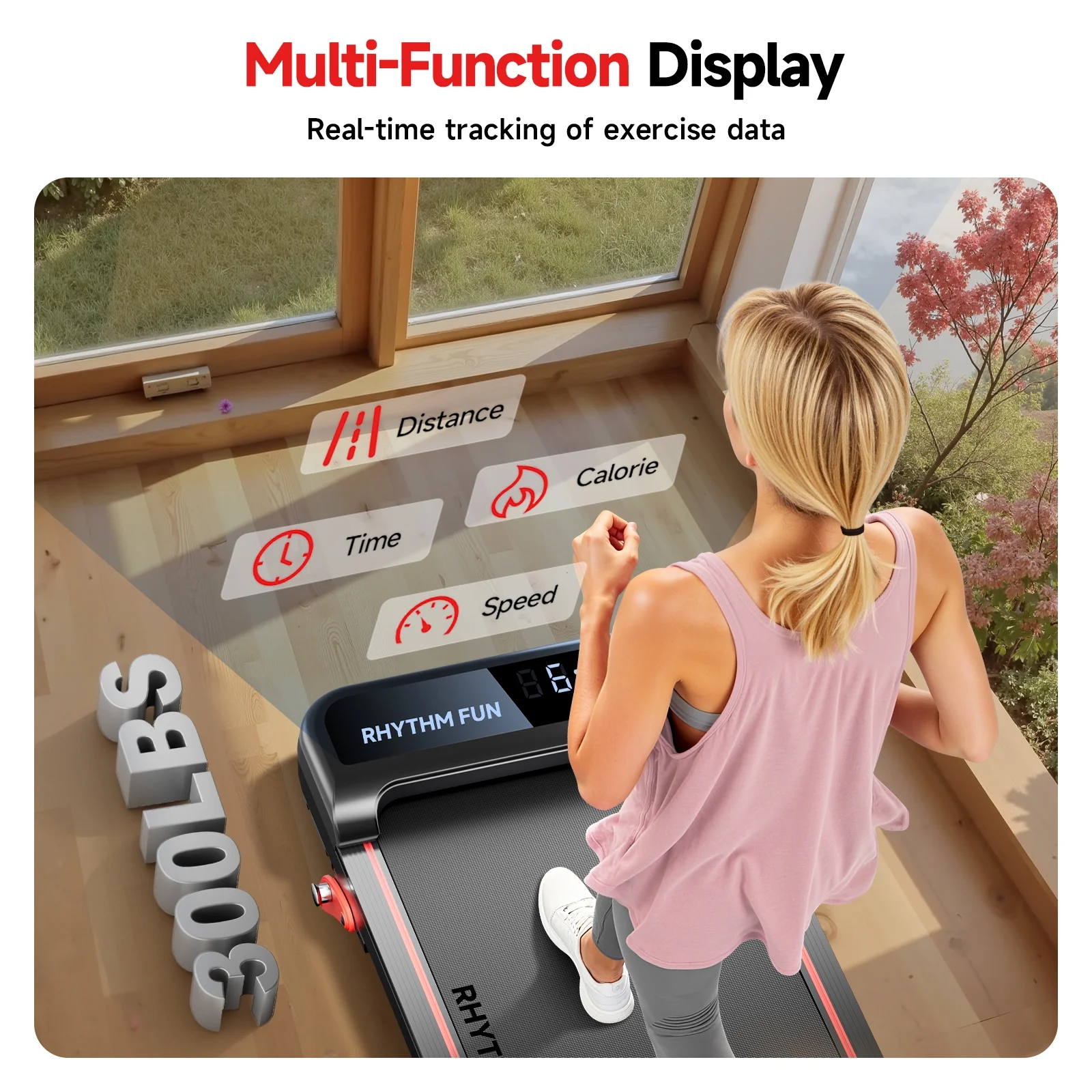 RHYTHM FUN Walking Pad Treadmill with Incline, Under Desk Fitness Machine for Home & Office, 300 lbs Portable, LED Display, Remote Control