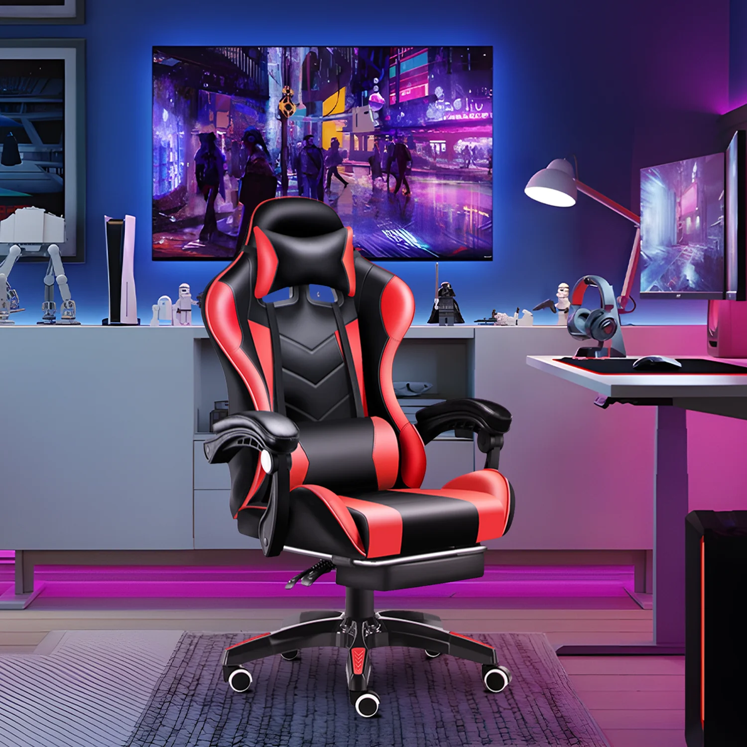 Gaming Chair with Adjustable Footrest,Eighteentek High Back Office Chair with Lumbar Support & Adjustable Headrest Video Game Chairs for Adults Black