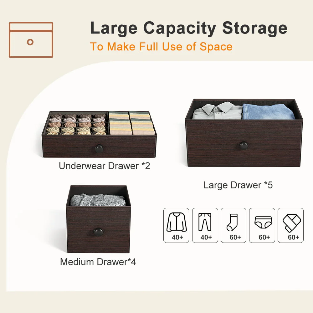 REAHOME 11 Fabric Drawers Dresser Chest of Drawers for Bedroom Faux Leather Rustic Brown Finish with Wood Top Sturdy Steel Frame