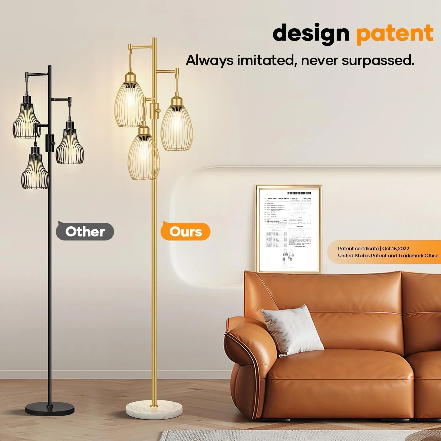 Dimmable Floor Lamp, 3 x 800LM LED Edison Bulbs Included, Farmhouse Industrial Floor Lamp Standing Tree Lamp with Elegant Teardrop Cage Tall Lamps for Living Room Bedroom Office Dining Room