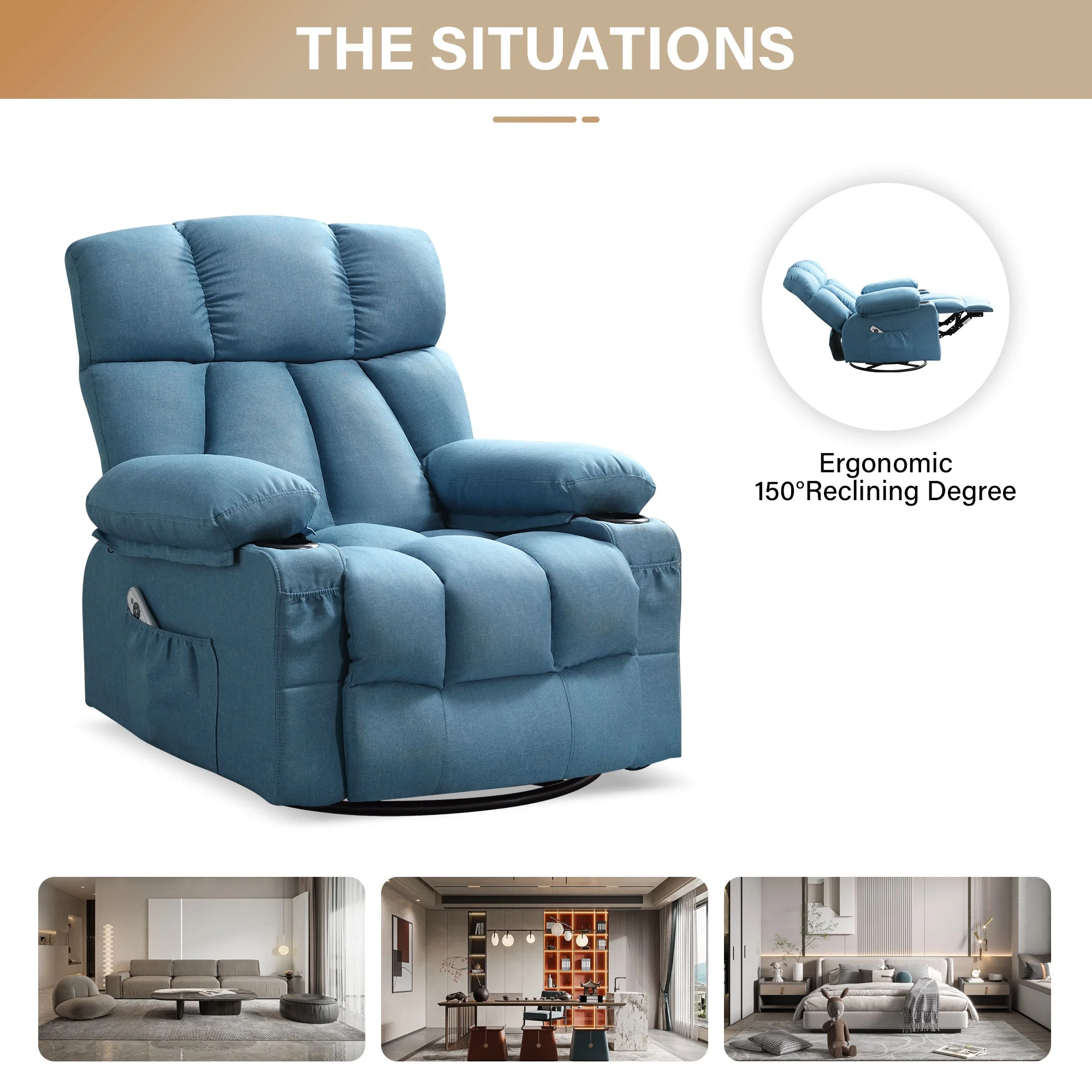JONPONY Manual Recliner Chair with Heat Therapy and Massage Function, Heavy Duty Reclining Mechanism Massage Chair, Elderly Single Rocker Sofa with Cup Holders for Bedroom Home Theater,Grey