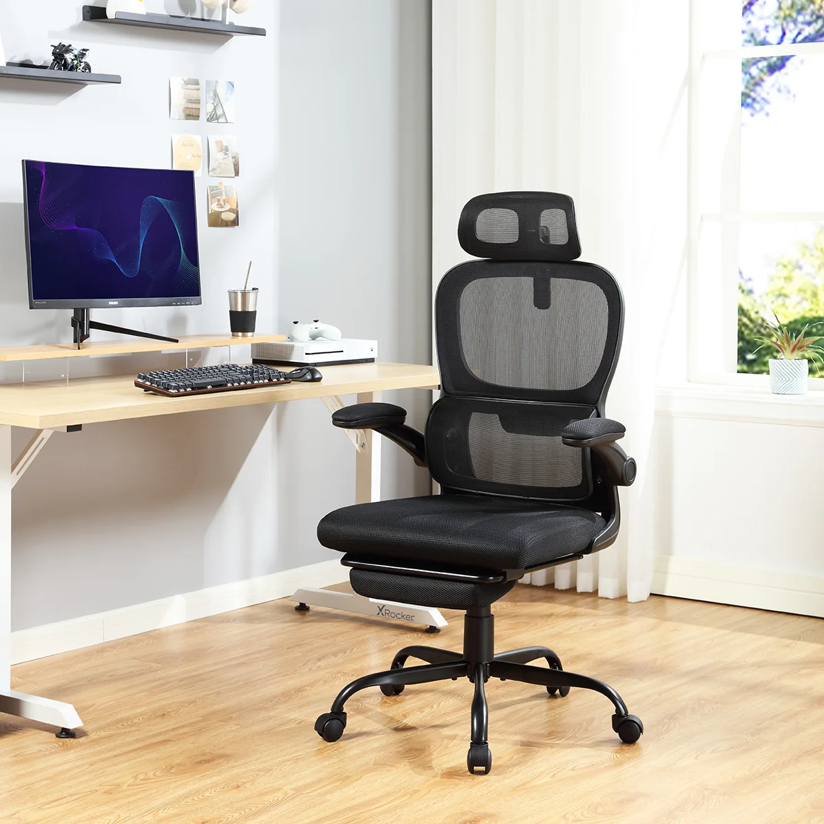 Mainstays Ergonomic Height Adjustable Mesh Office Chair for Teens and Adults with Lumbar Support and Tilt Function, with Leg Rest, Black