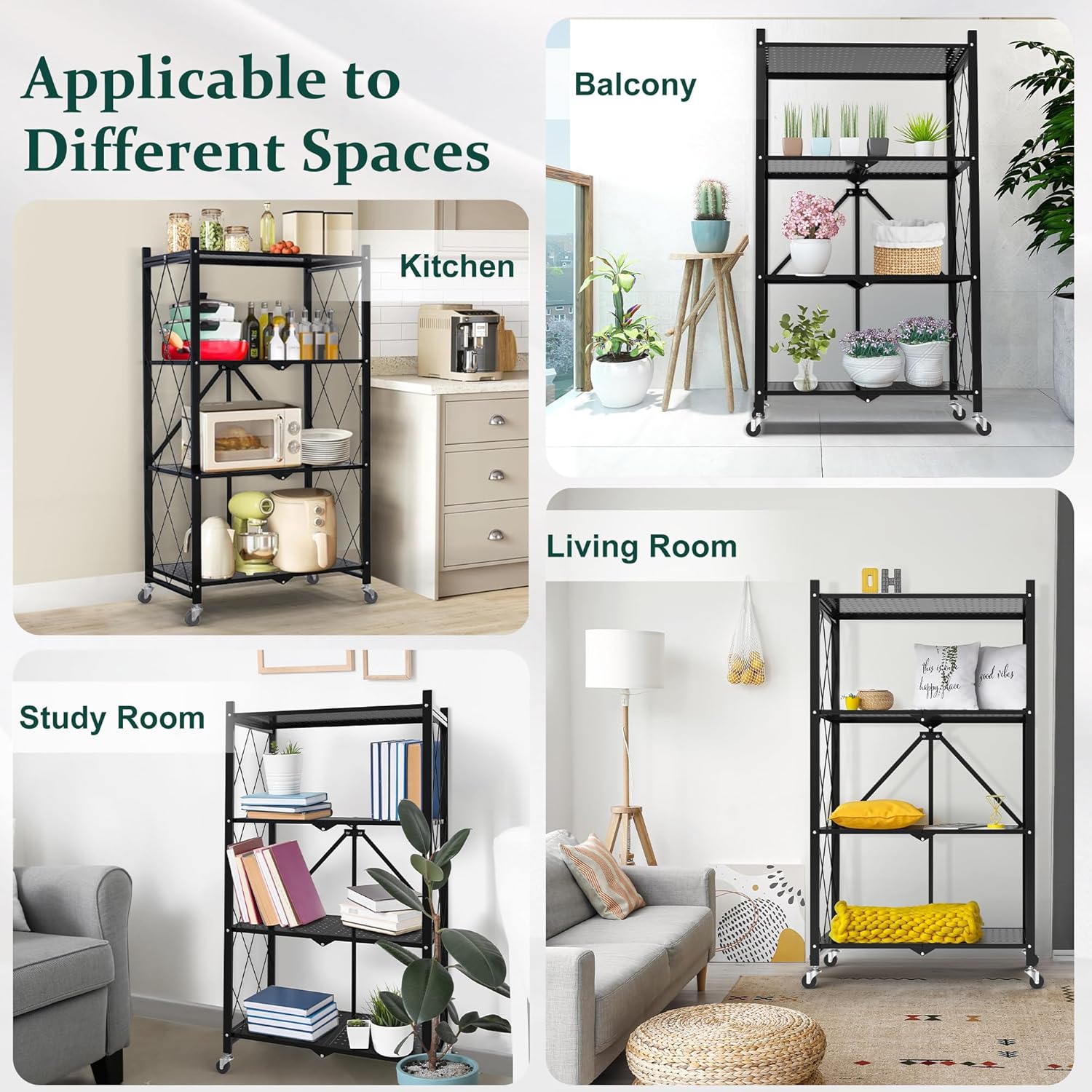 Foldable 4-Tier Storage Shelves with Wheels, No Assembly Bookshelf, Heavy Duty Kitchen Racks and Shelves, Rolling Microwave Cart, White