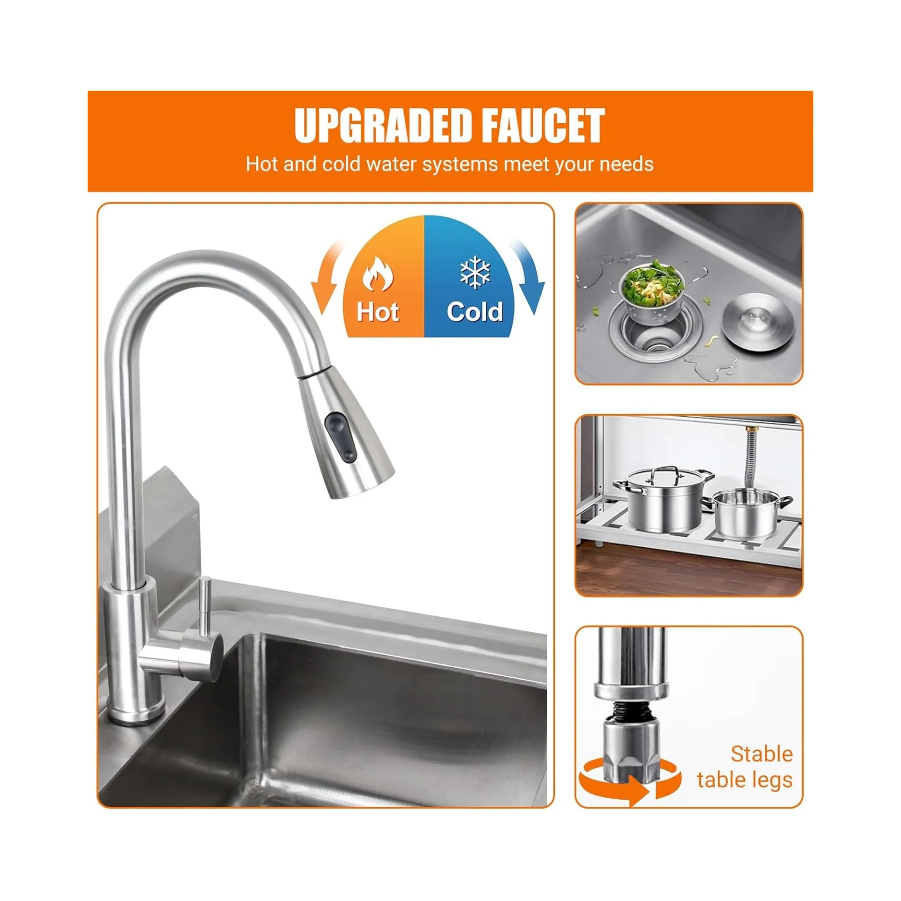 Free Standing Stainless-Steel Sink，Outdoor Kitchen Commercial Utility Sink Single Bowl Kitchen Sink,Portable Laundry Sink With Hot and Cold Water for Restaurant Indoor&Outdoor 20 * 20 * 31.5inch