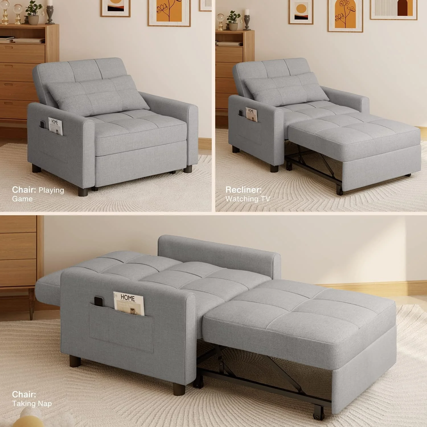Lofka Chair Bed, Convertible Sofa Bed Couch Recliner Single Bed for Living Room/Office/Bedroom, Light Gray