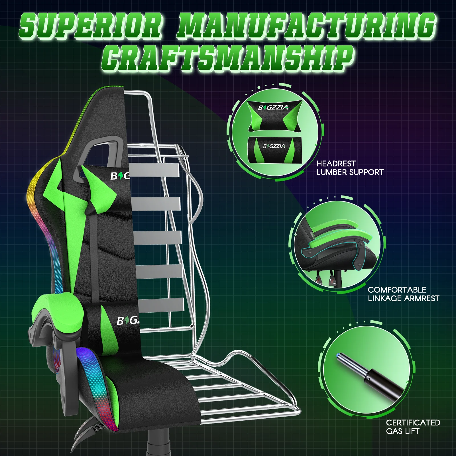 Bigzzia Gaming Chair with LED Lights Ergonomic Office Chair for Adults and Kids - Adjustable Height, 360�� Swivel, Headrest Support, Mesh PU Leather, Black & Green