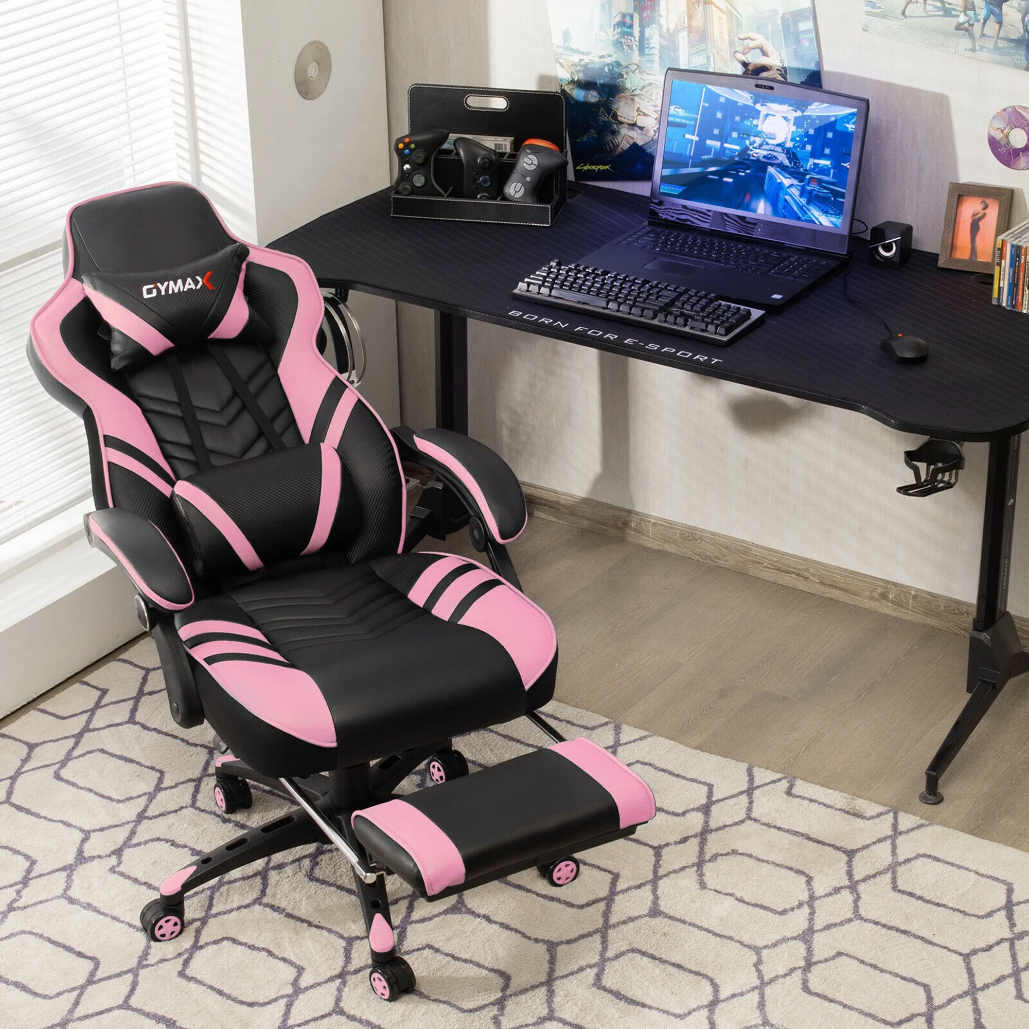 Gymax Office Computer Desk Chair Gaming Chair Adjustable Swivel w/Footrest Pink