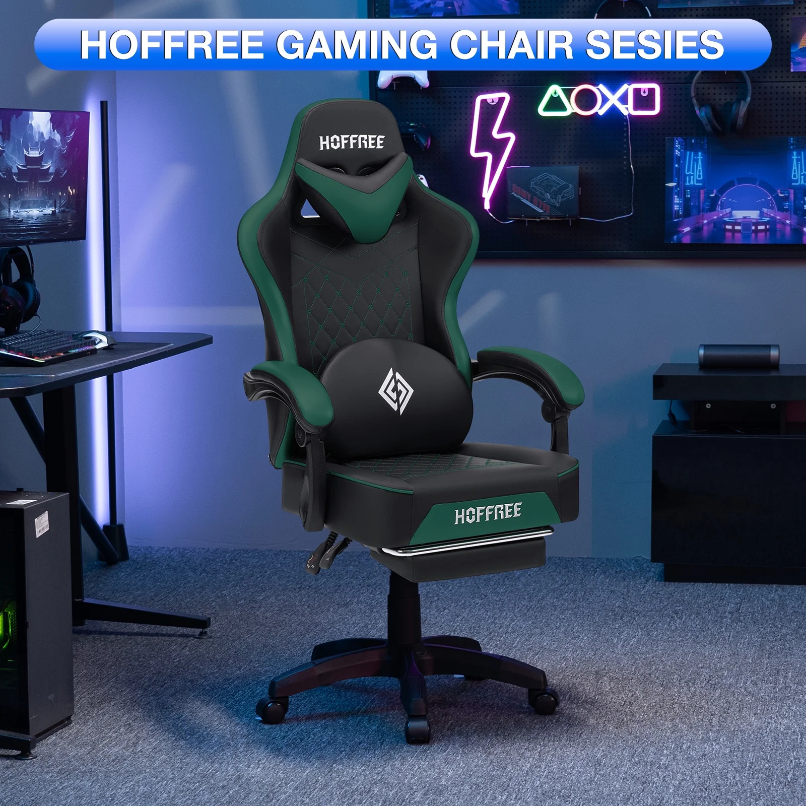 Hoffree Gaming Chair with Speakers PU Gamer Chair with footrest and massage Egonomic Computer Game Chair with Headrest and Lumbar Support for Adults and Office Gaming, 440 LBS