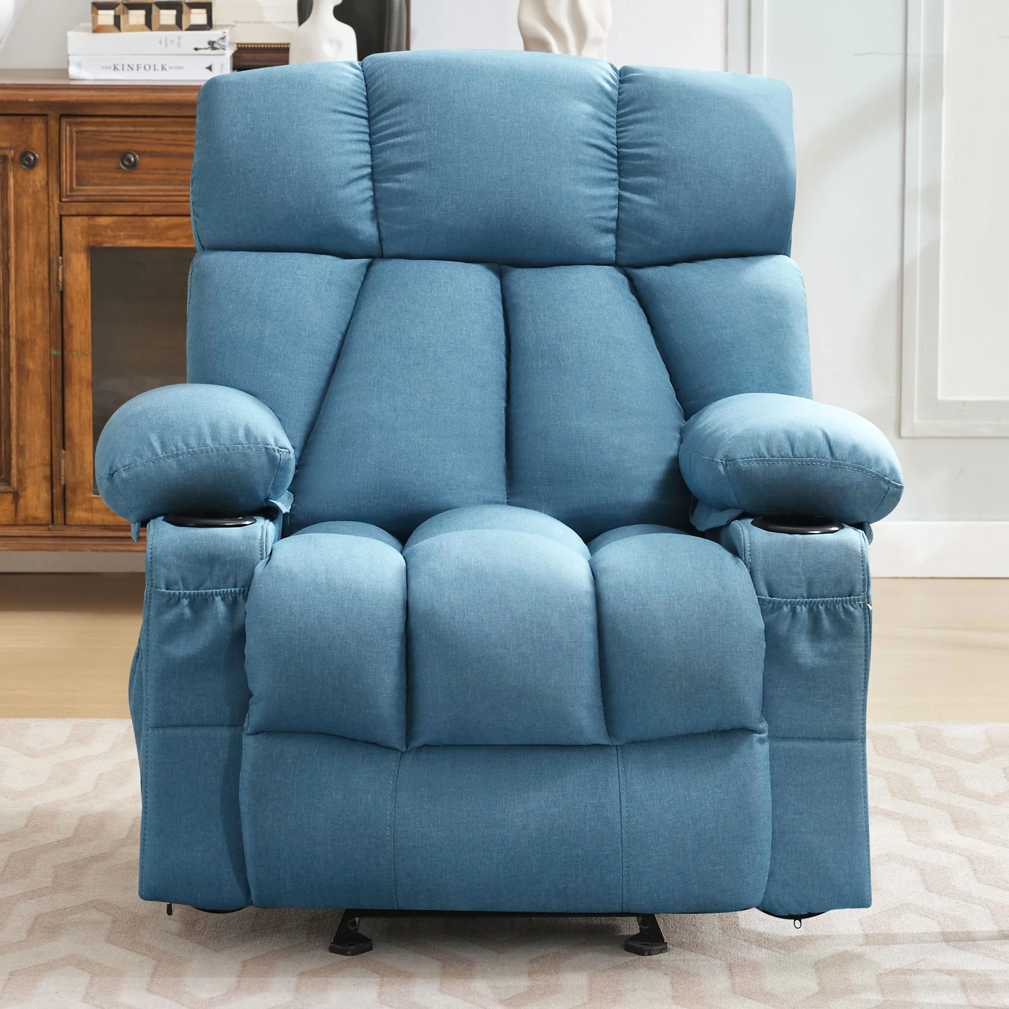 JONPONY Manual Recliner Chair with Heat Therapy and Massage Function, Heavy Duty Reclining Mechanism Massage Chair, Elderly Single Rocker Sofa with Cup Holders for Bedroom Home Theater,Grey