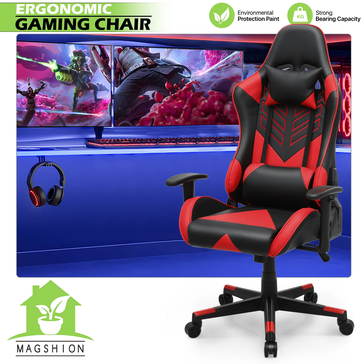 Magshion Ergonomic Gaming Chair, Comfortable Gaming Chair, Computer Chair Leather Desk Chair Adjustable Swivel Gaming Office Chair, Blue