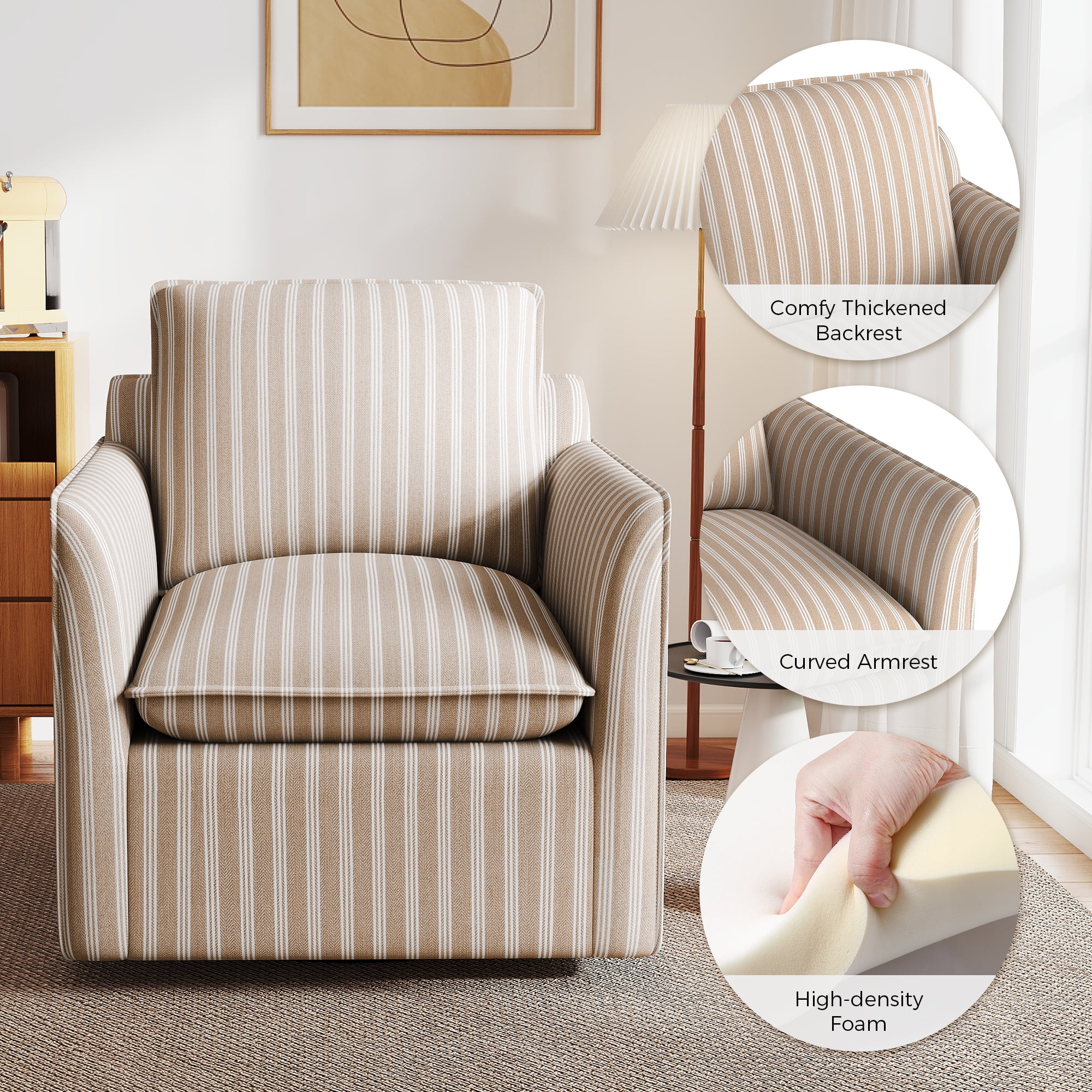 Bonzy Home 360�� Swivel Chair with Thick Cushion �C Blue Stripe Fabric Accent Chair for Living Room, Bedroom, Office �C Fully Assembled