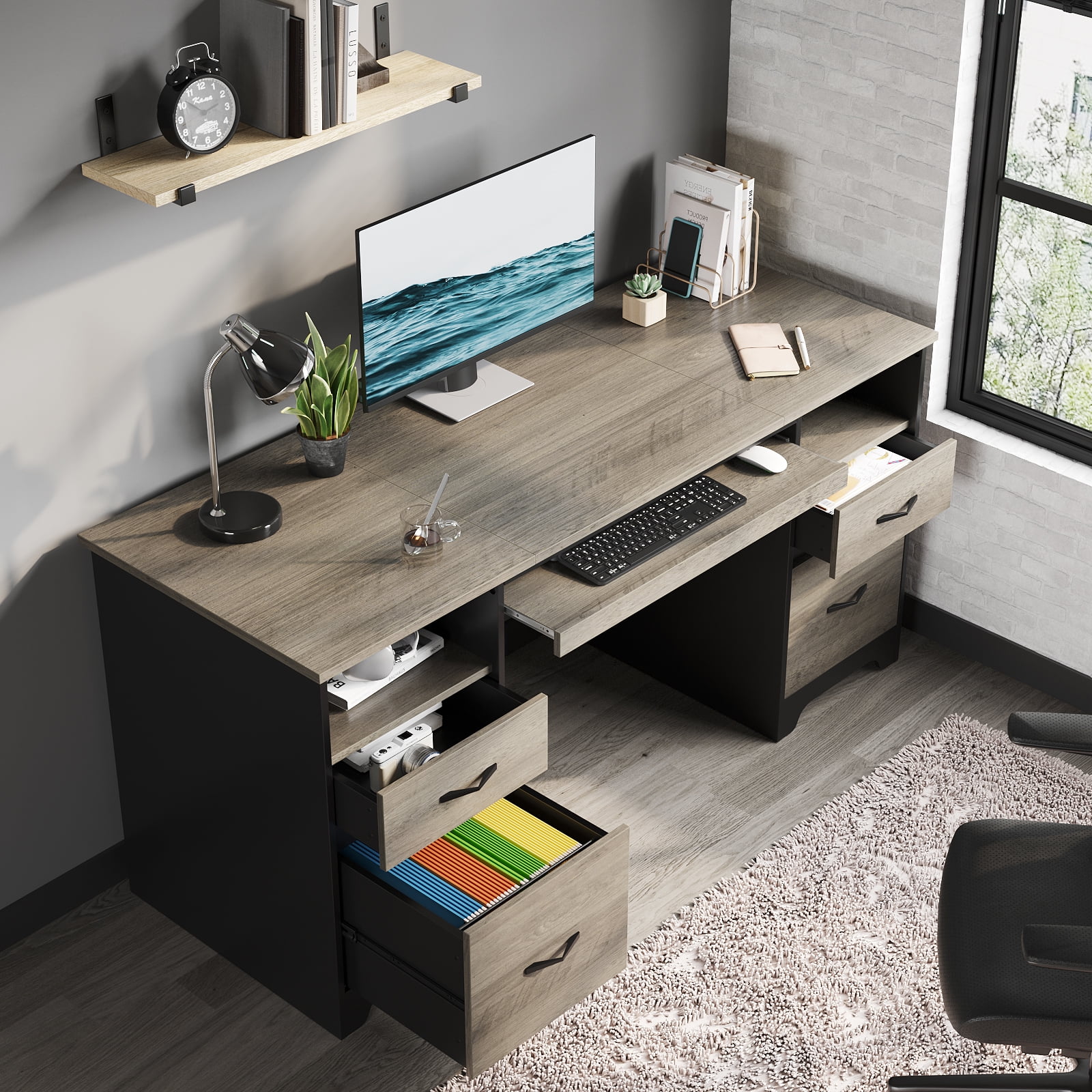 Bestier 59�� Computer Desk with 4 Drawers, Office Executive Desk with File Drawer, Keyboard Tray for Home Office, Gray