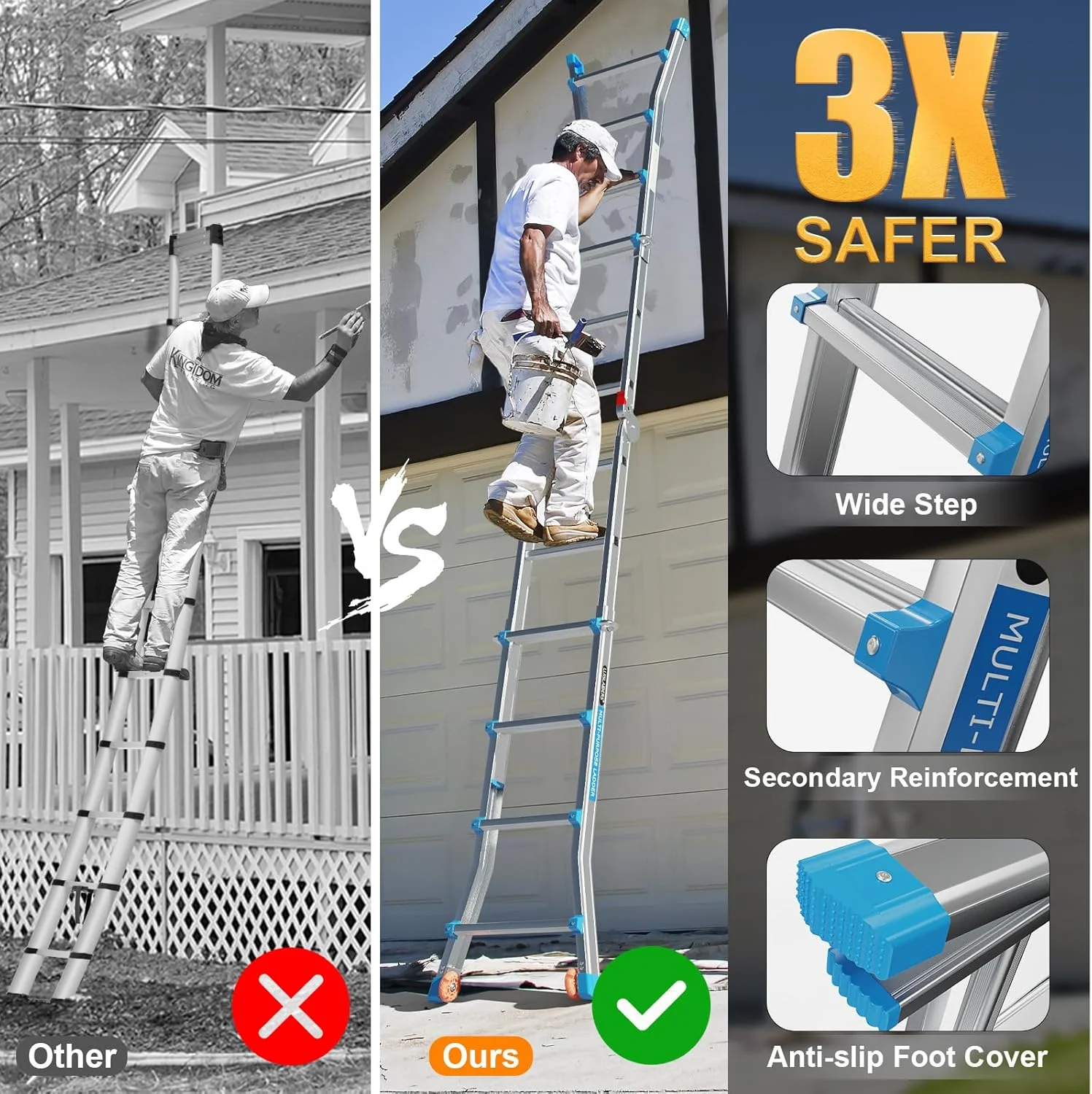 LUISLADDERS Ladder, A Frame 6 Step Ladder Telescoping Ladder, 22 Ft Reach Height Muti Position Folding Ladder Flared Leg & Wheels Design, 330 lbs Capacity Extension Ladder for Household Outdoor Work