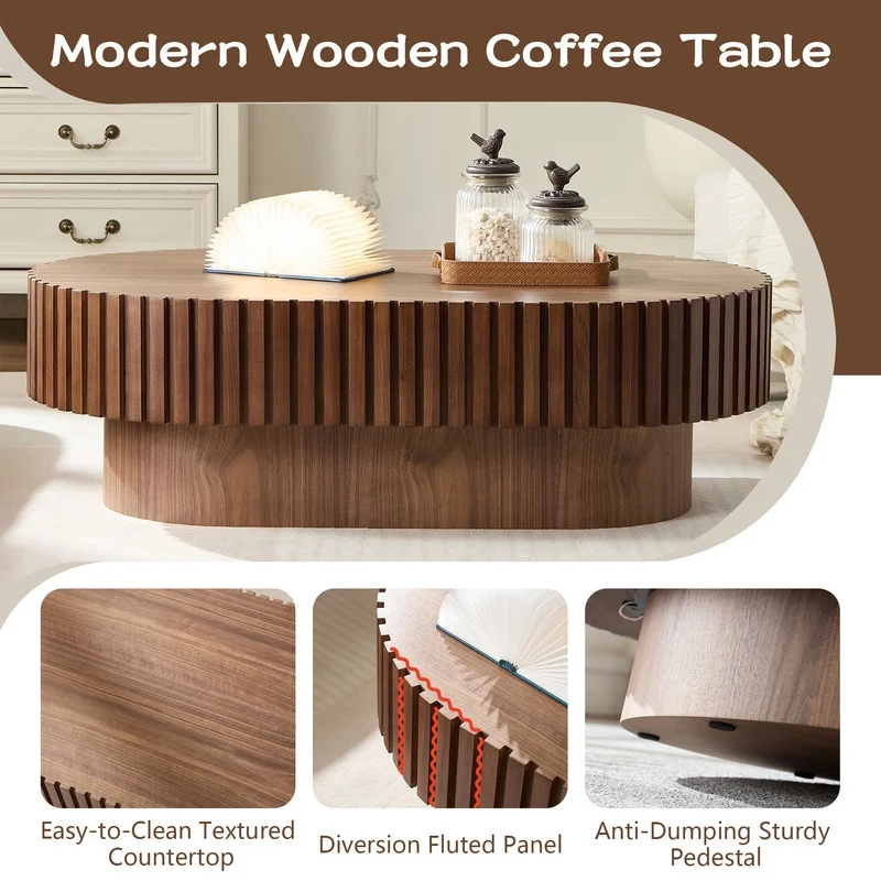 FFH 43.7 inch Oval Coffee Table for Living Room,Handcraft Rustic Corner Coffee Table Nature Wood Relief Sturdy Pedestal for Apartmen,Side Table Centre Table,Nature Wood