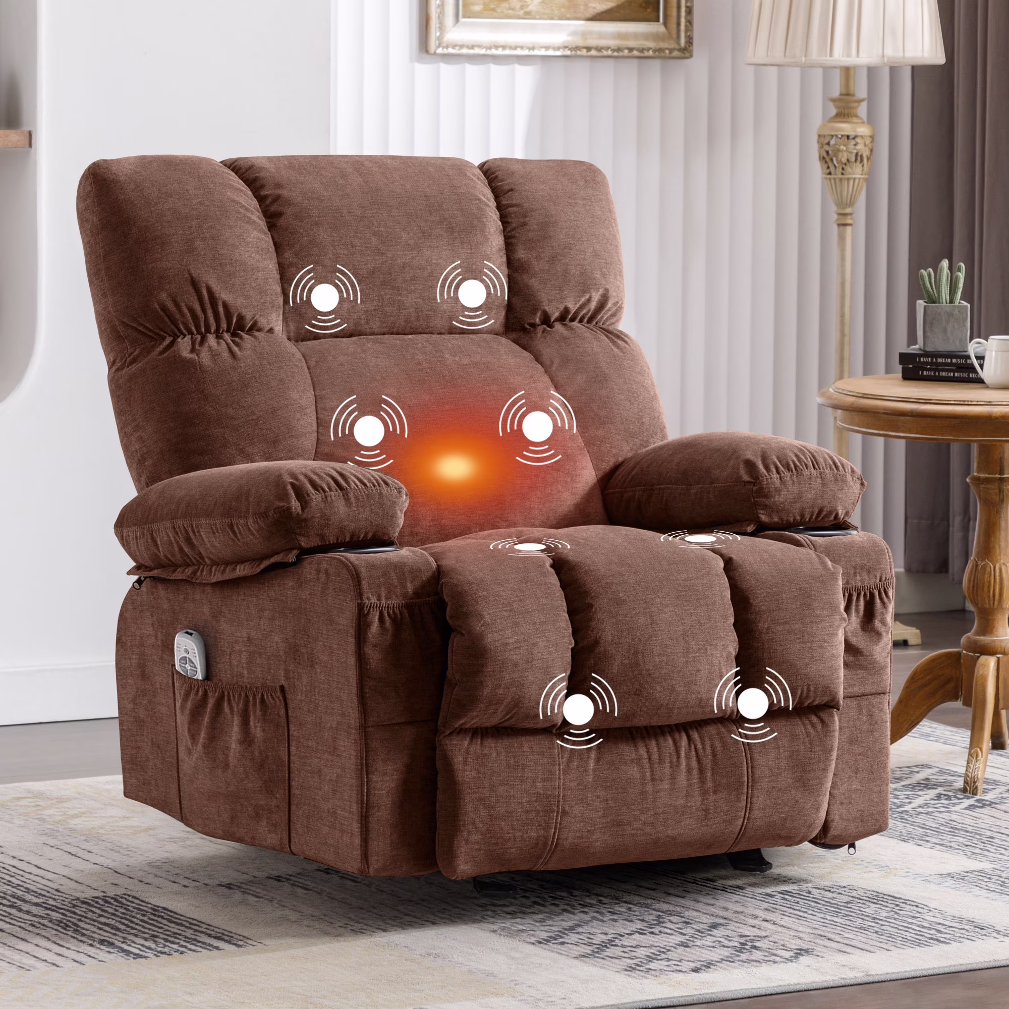 JONPONY Manual Recliner Chair with Heat Therapy and Massage Function, Heavy Duty Reclining Mechanism Massage Chair, Elderly Single Rocker Sofa with Cup Holders for Bedroom Home Theater,Grey
