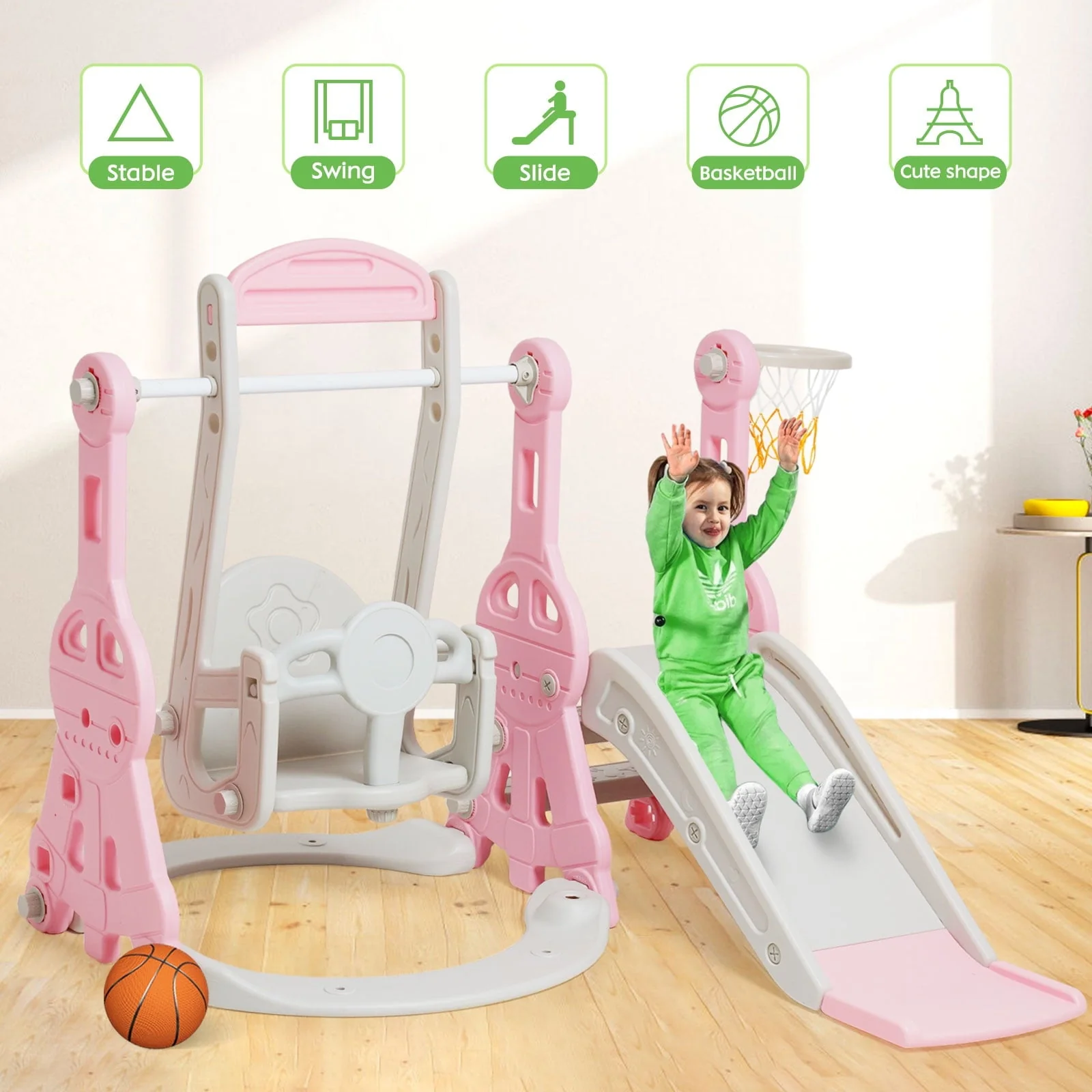Ealing   4 in 1  Slide and Swing Set for Toddler  Indoor and Outdoor Baby Slide Climber Playset  with Basketball Hoop &  Backyard Playground Swing Slide for Boys and Girl Slide length: 11.02' L Pink