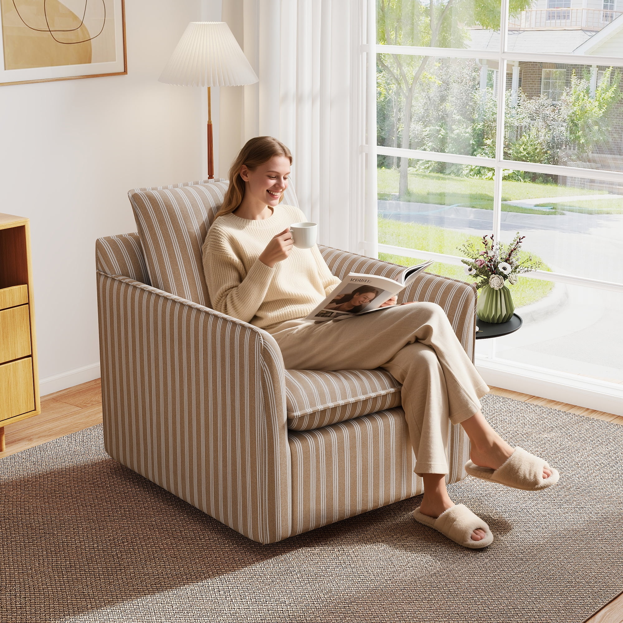 Bonzy Home 360�� Swivel Chair with Thick Cushion �C Blue Stripe Fabric Accent Chair for Living Room, Bedroom, Office �C Fully Assembled