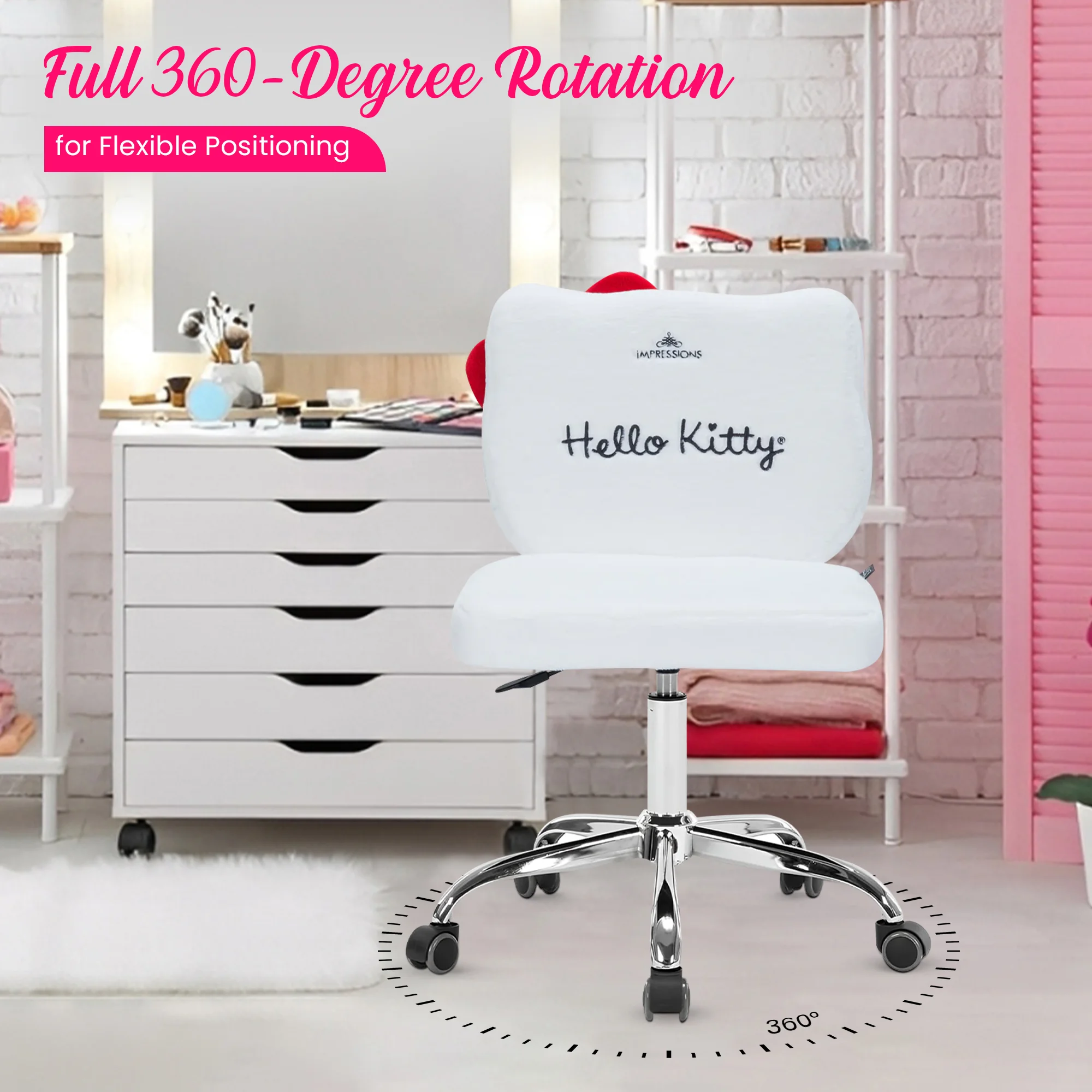 Impressions Vanity Hello Kitty Teddy Swivel Vanity Chair, Desk Chair with Adjustable Height (White)