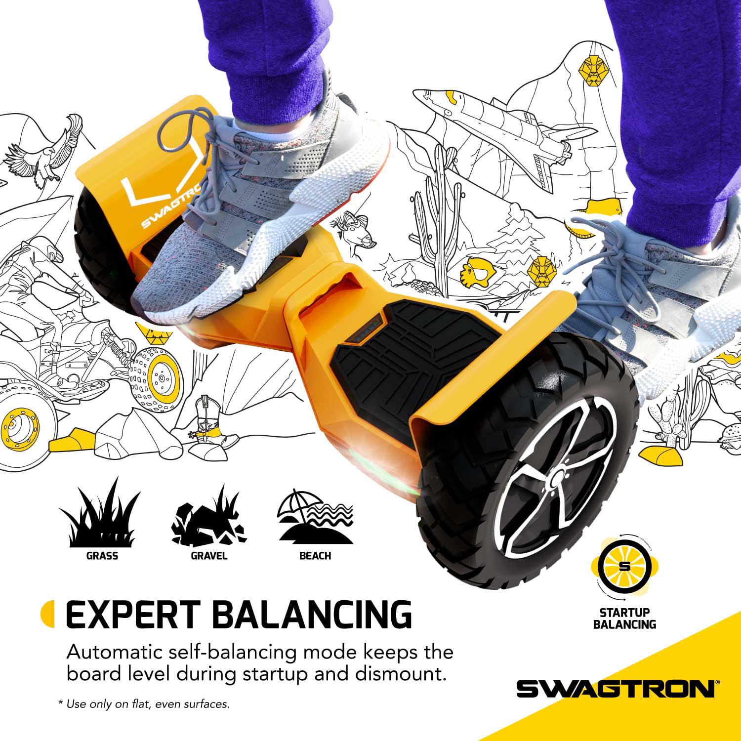 Swagtron Off-Road T6 Hoverboard. 420 lb Weight Limit. Black. Bluetooth Speaker. 10 Inch Wheel 12 Mph UL-Compliant