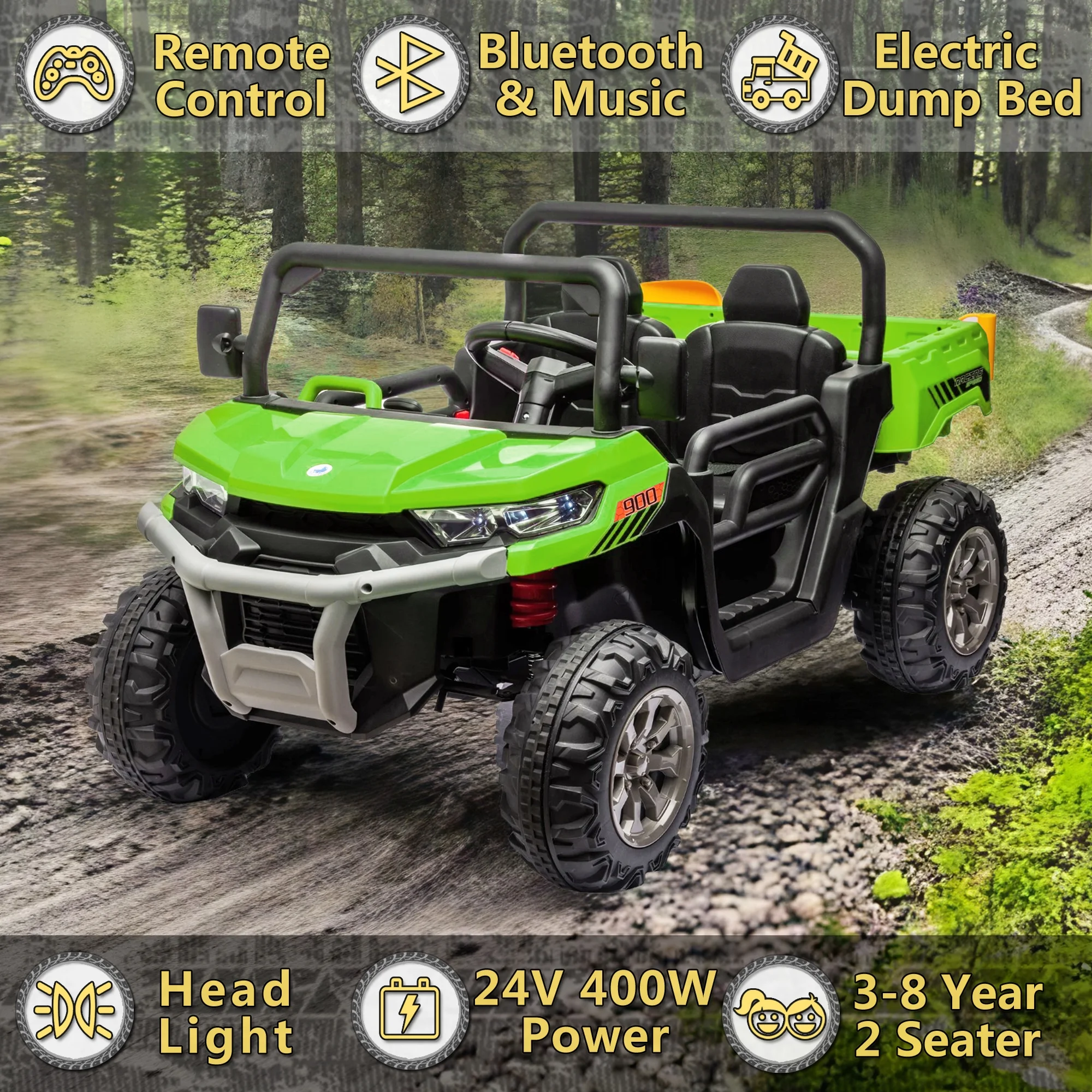 Xuanlur 24V 2 Seater Kids Ride on Car Truck, Ride on UTV W/ 2x200W Motor, 24 Volt Ride on Toys W/ Dump Bed/Shovel, Electric Car for Kids W/ Durable Tires, LED Light, Music, Remote Control, Black