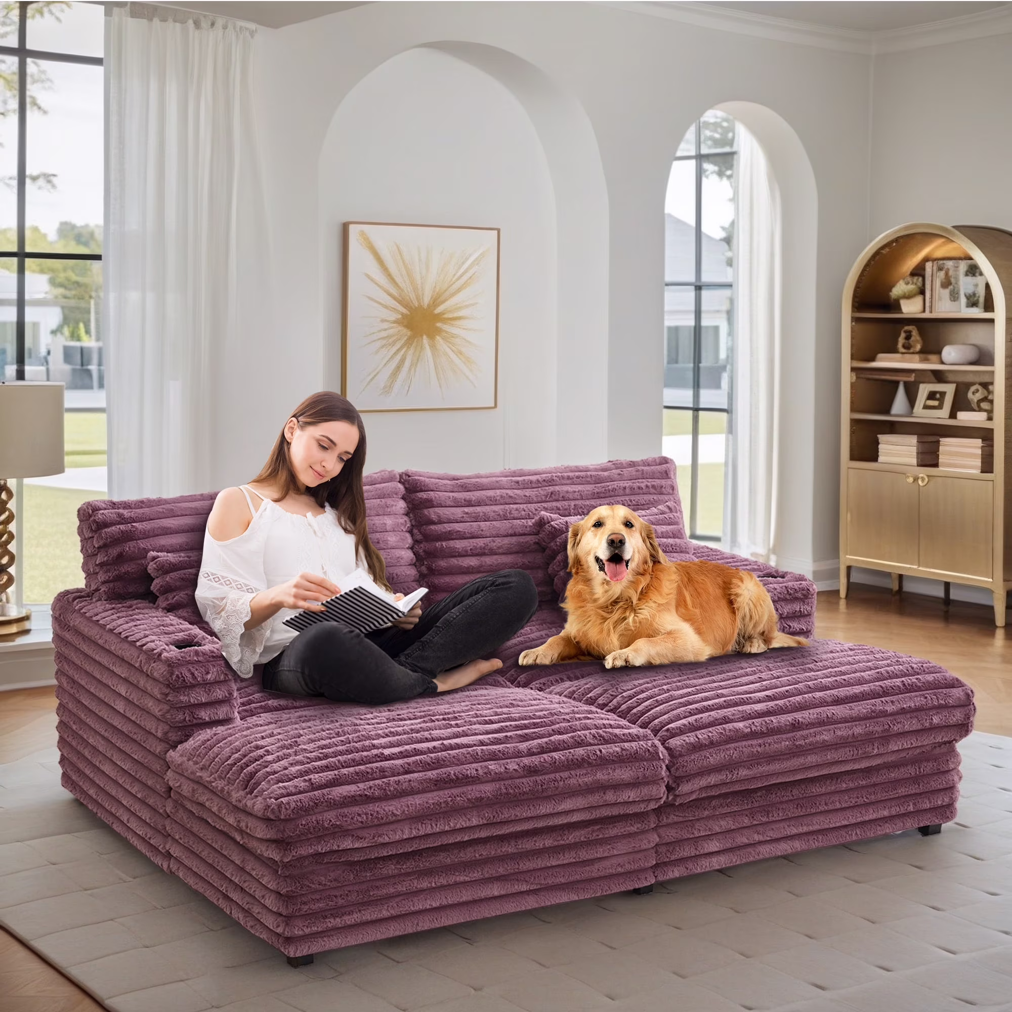 Oversized Double Chaise Lounge, Faux Fur Upholstered Deep Seat Sofa with 2 Pillows, 2 Cupholders, and Dual USB Ports